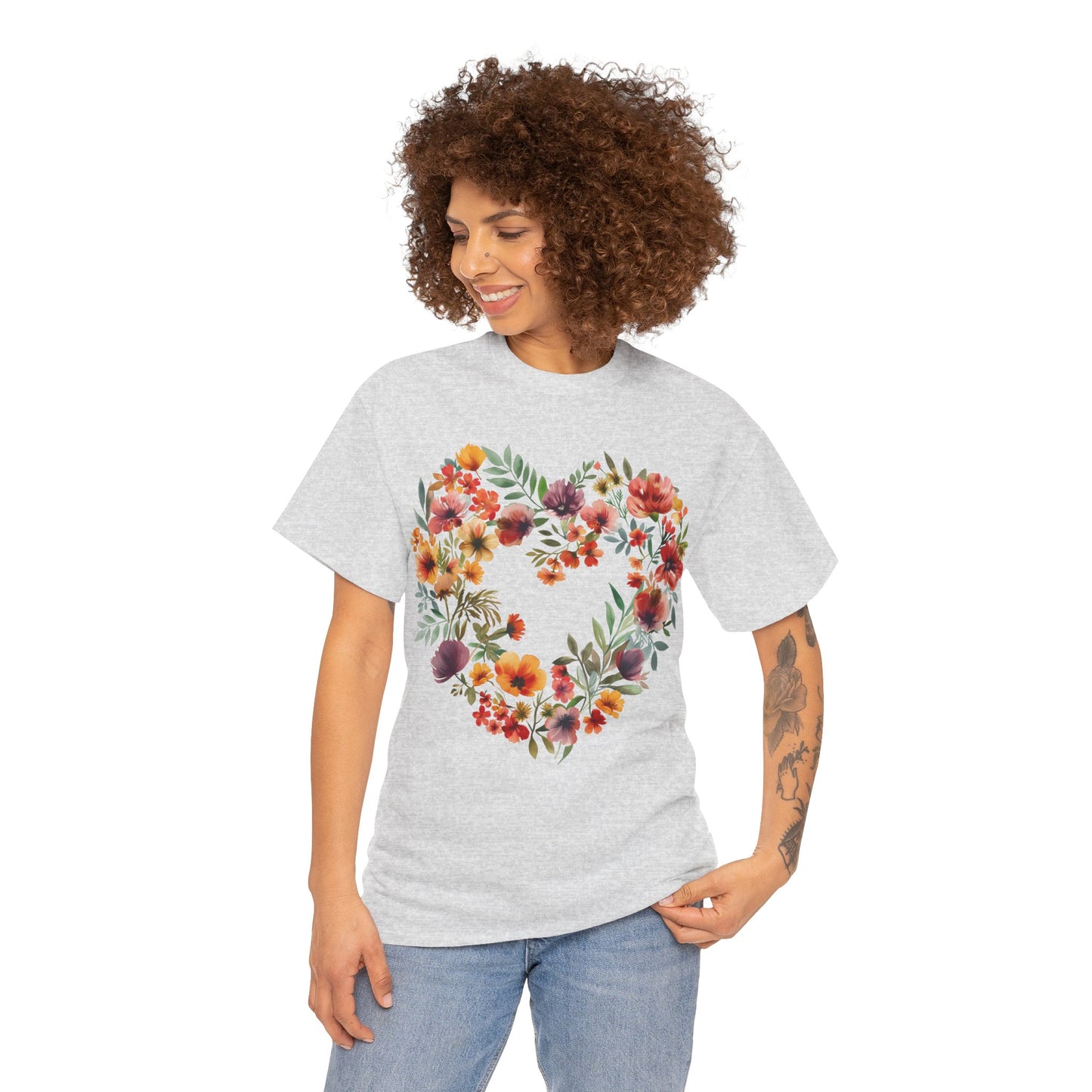 Women's Heavy Cotton Tee - Floral Heart Unisex T-Shirt
