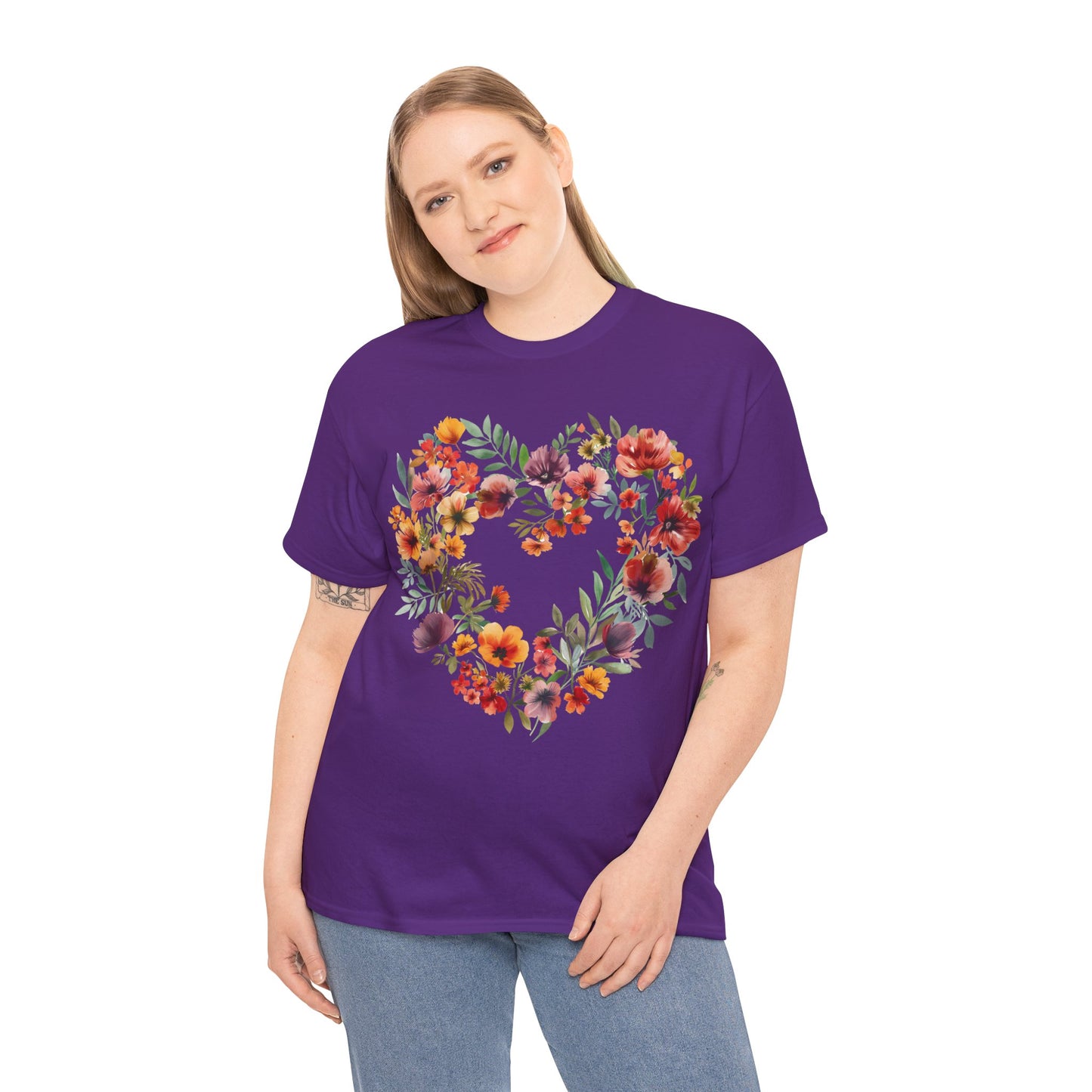 Women's Heavy Cotton Tee - Floral Heart Unisex T-Shirt
