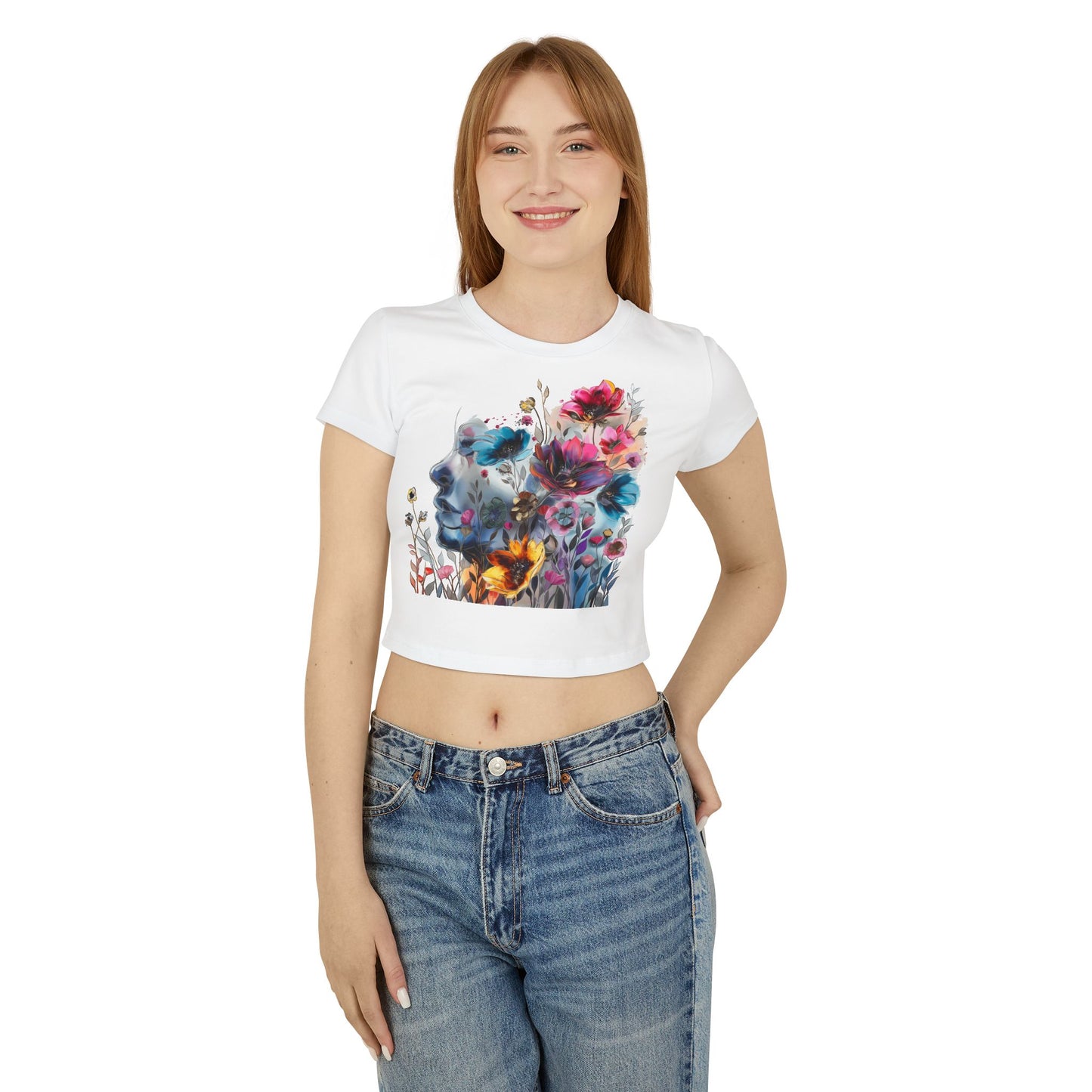 Floral Dreamscape Women Baby Tee - Artistic Short-Sleeve Top for Nature Lovers