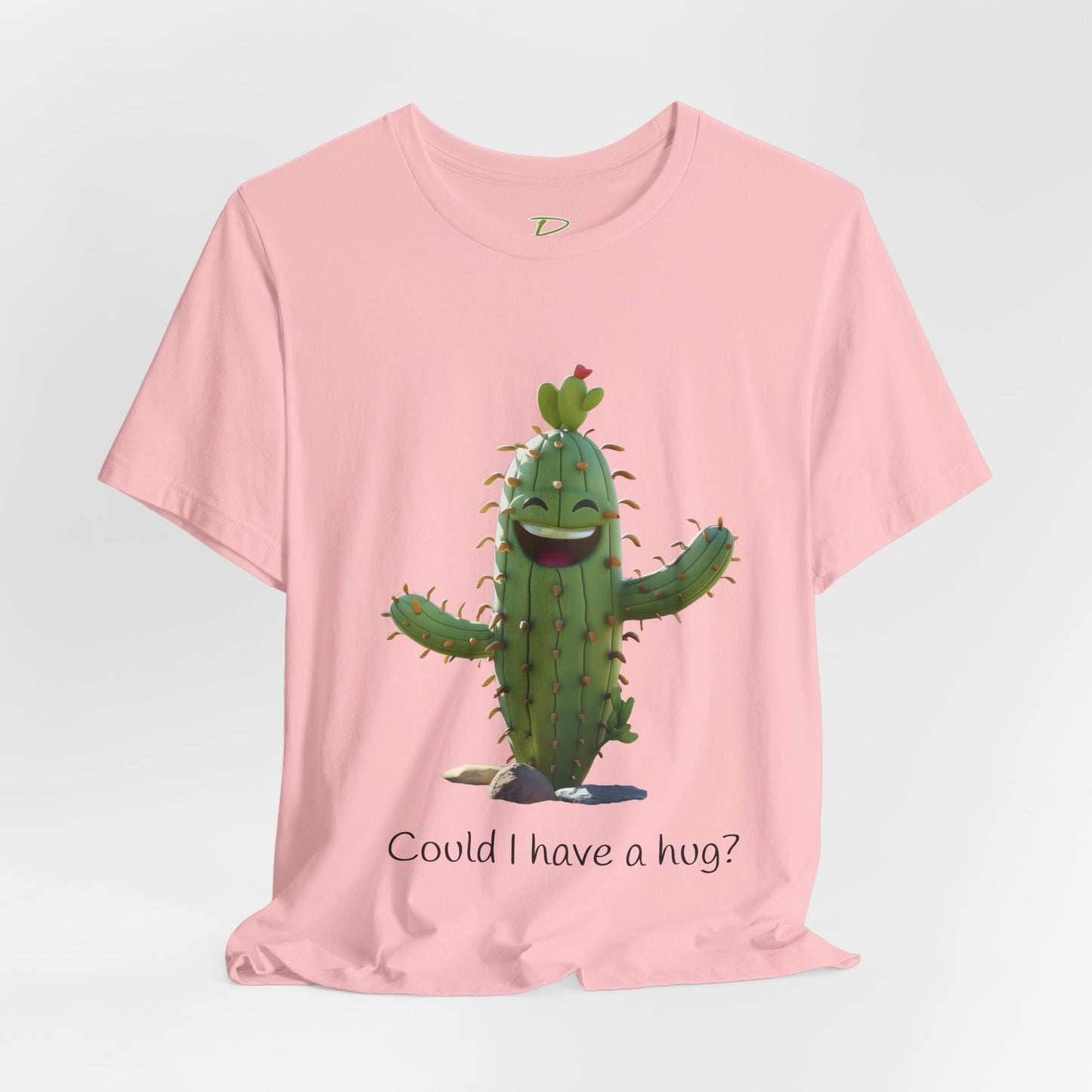 Light Colorful Smiling Cactus Plant T-shirt - 'Could I Have a Hug?' - Lightweight Fabric Tee