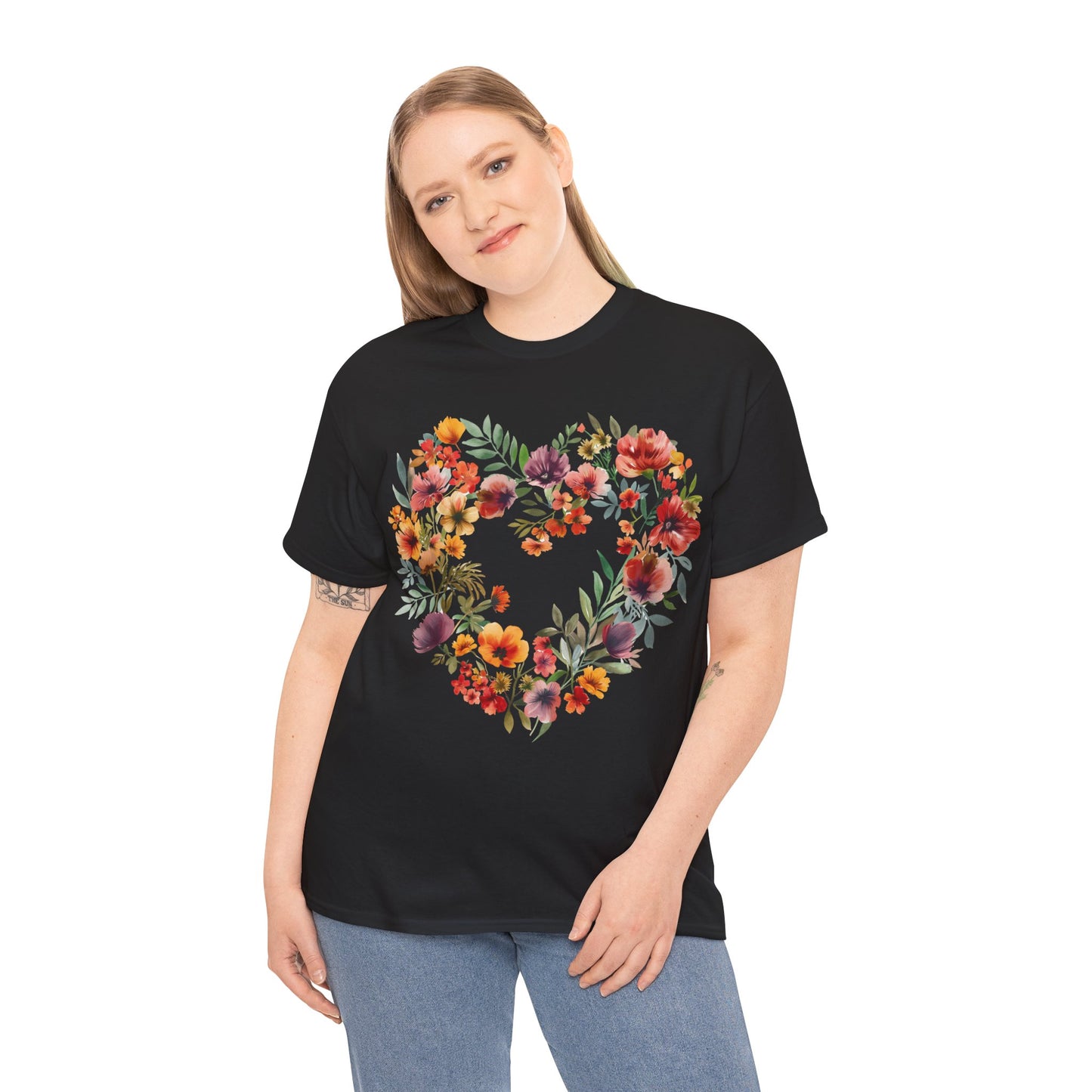 Women's Heavy Cotton Tee - Floral Heart Unisex T-Shirt