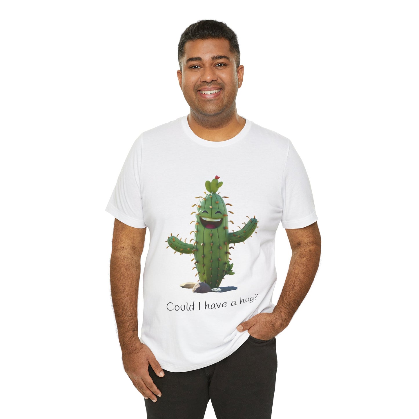 Light Colorful Smiling Cactus Plant T-shirt - 'Could I Have a Hug?' - Lightweight Fabric Tee
