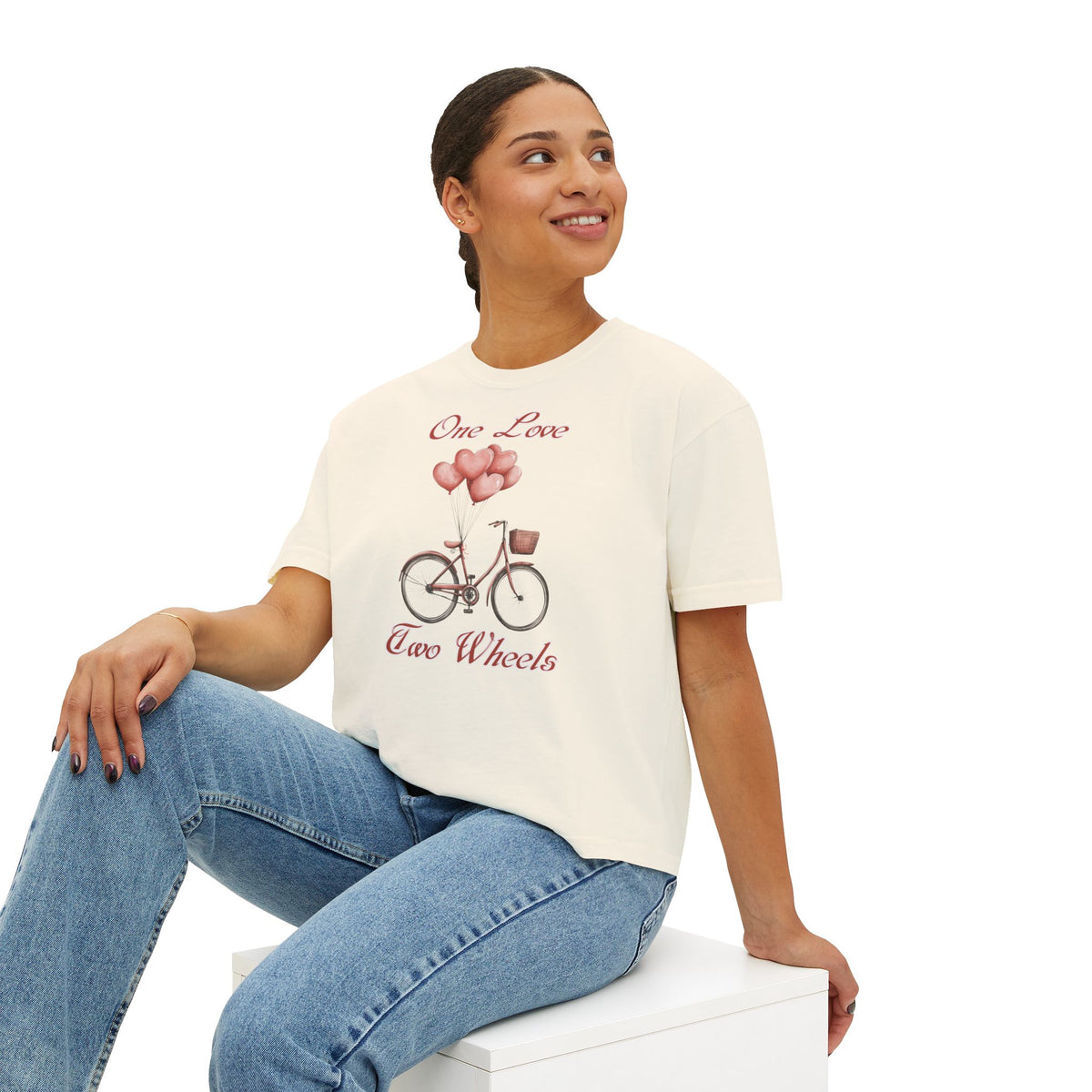 Vintage Bike Boxy Tee - Valentine's Day Women's Boxy Tee with Heart Balloons Graphic