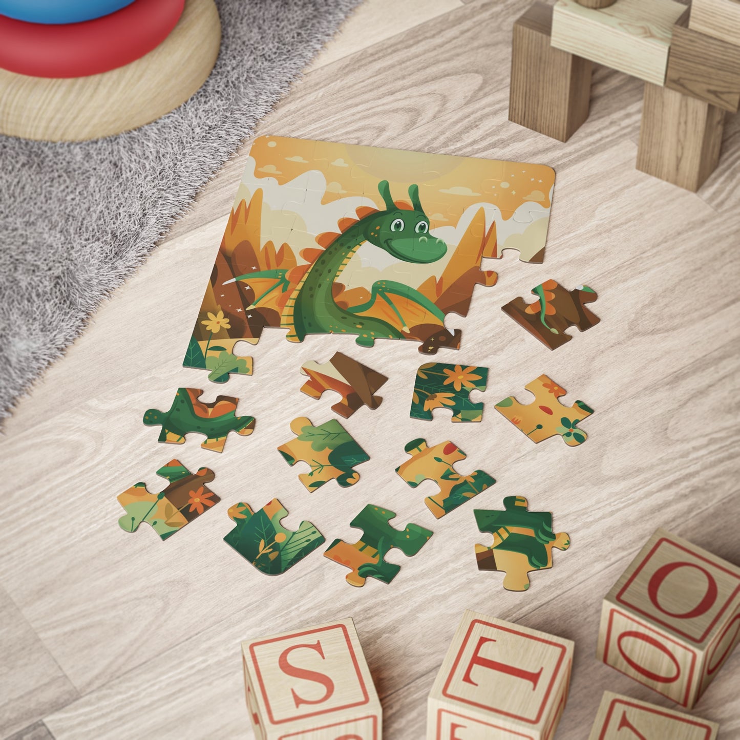 Kids' Puzzle, 30-Piece - Glowing Green Dragon and Golden Mountains Landscape Design