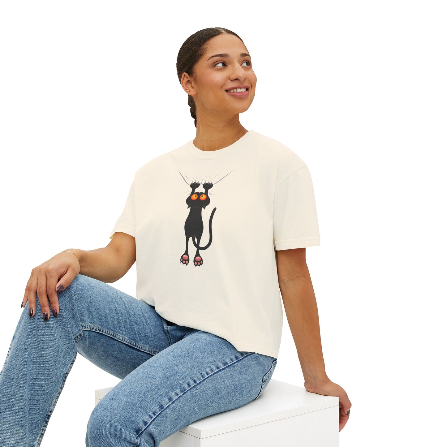 Cute Cat Graphic Women's Boxy Tee, Casual Tee for Cat Lovers, Birthday Gift, Soft Cotton Top, Fun Everyday Wear