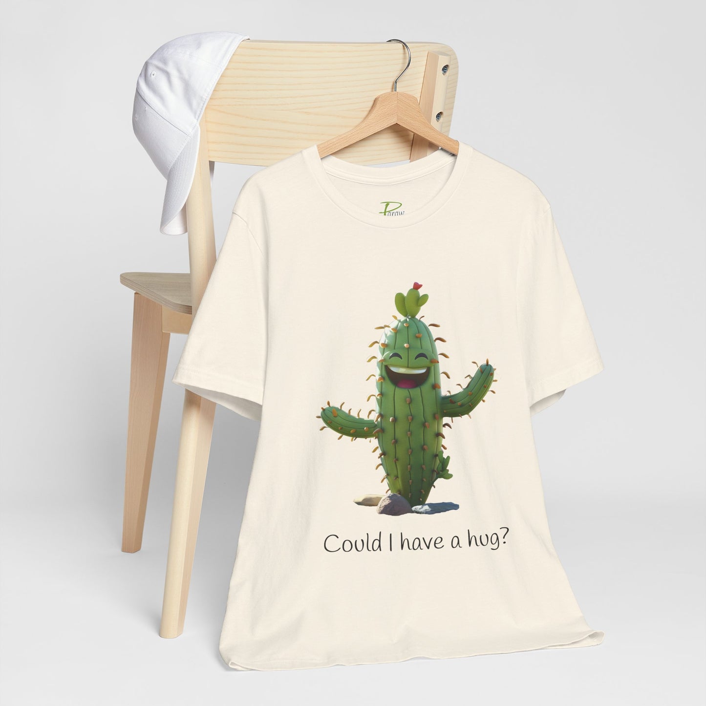 Light Colorful Smiling Cactus Plant T-shirt - 'Could I Have a Hug?' - Lightweight Fabric Tee
