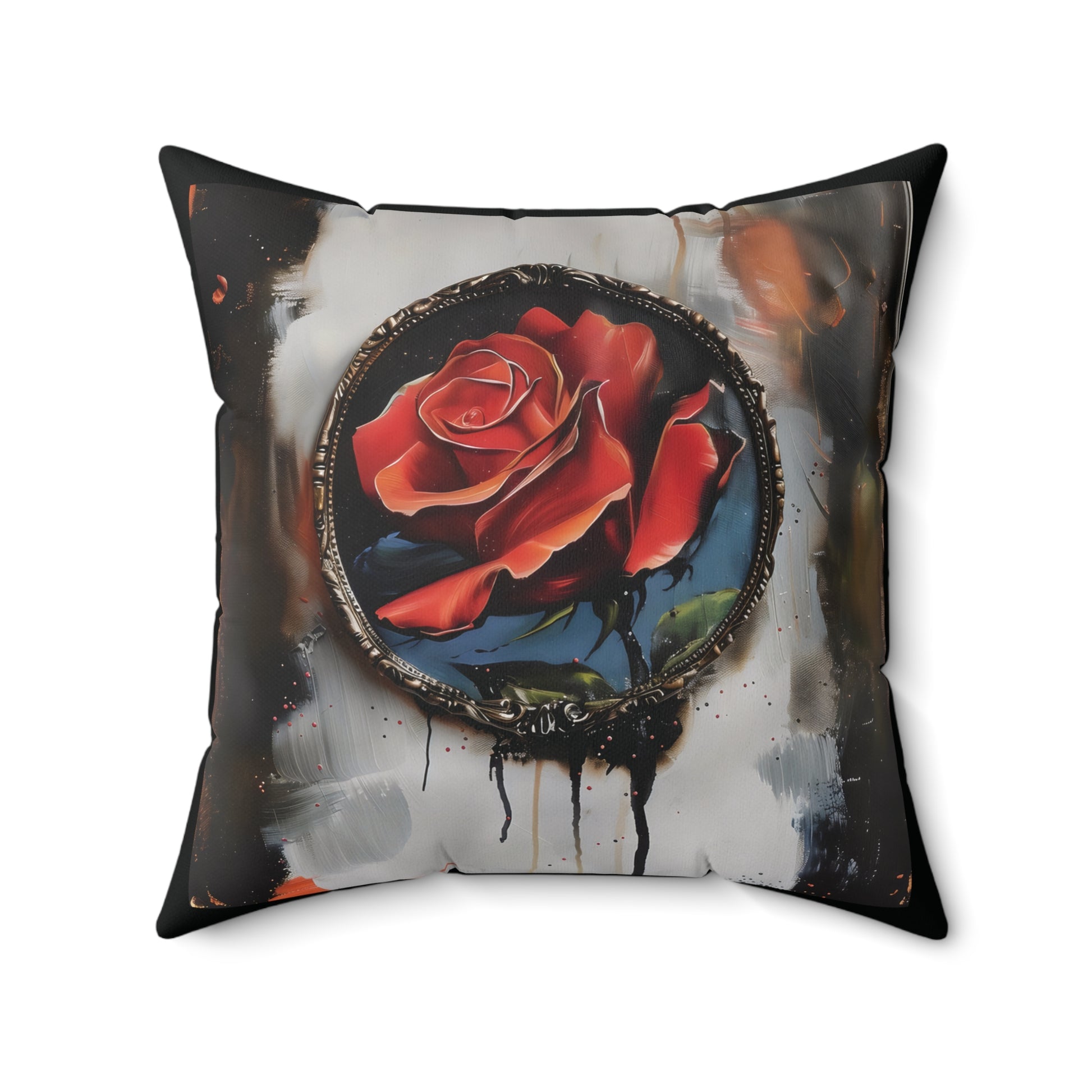Elegant rose print cushion – small square pillow with a black background for sofas, beds, or cozy chairs. A decorative floral pillow that elevates your living space with a moody, romantic aesthetic. Great gift for home décor lovers and floral enthusiasts.