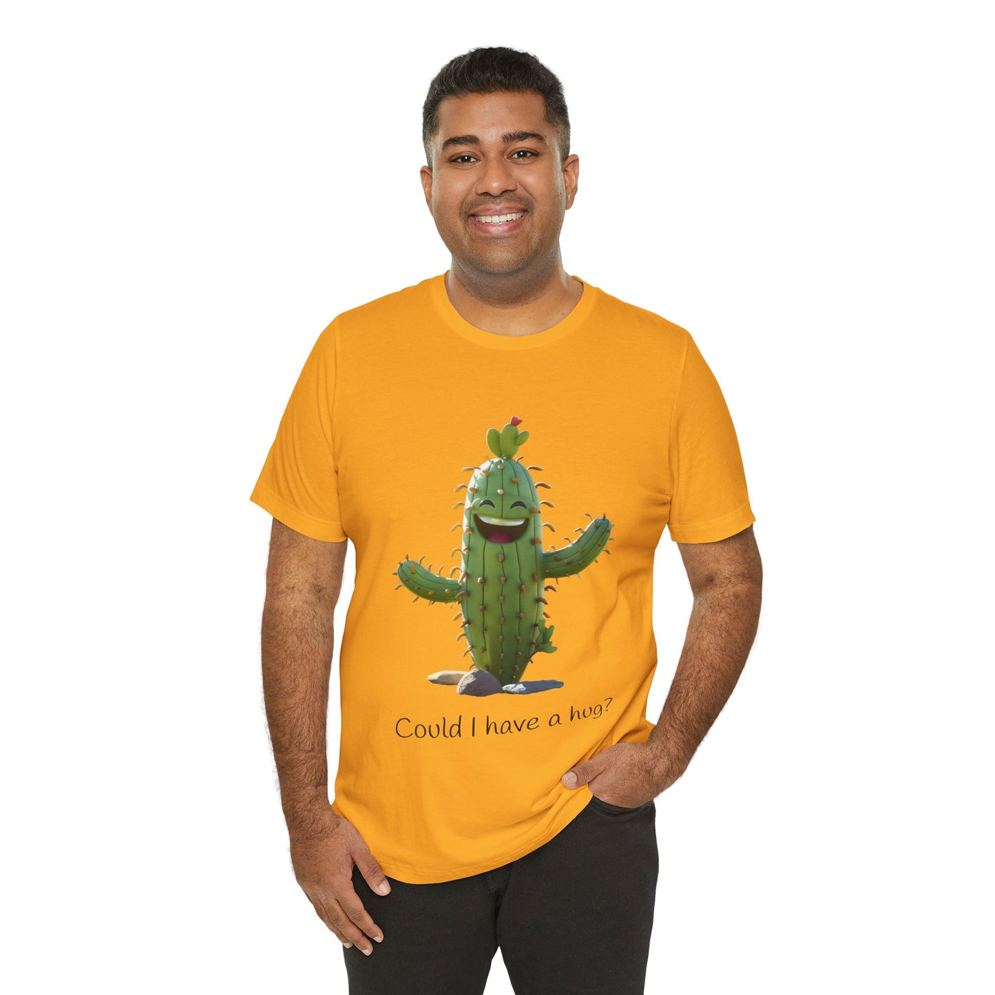 Light Colorful Smiling Cactus Plant T-shirt - 'Could I Have a Hug?' - Lightweight Fabric Tee