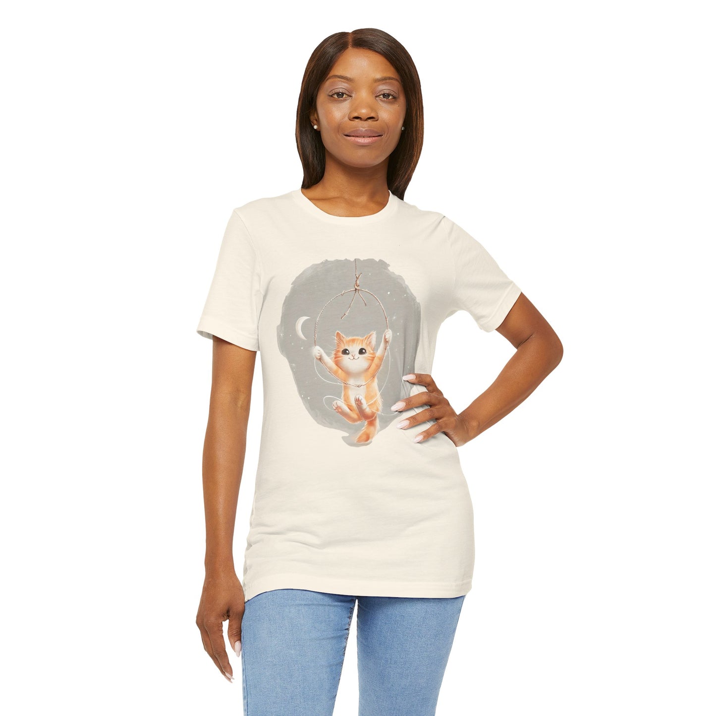 Cute Smiling Cat Cartoon T-shirt - Lightweight Fabric Tee