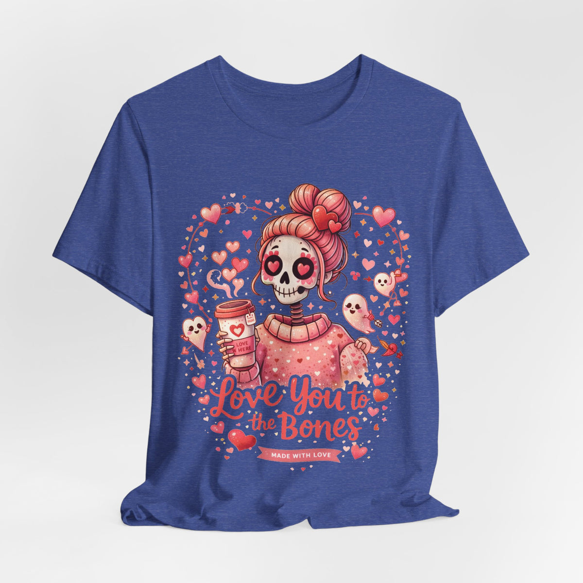 Cute Valentine graphic art in pastel pink showing a skull girl character with heart eyes and romantic ghost cupids.