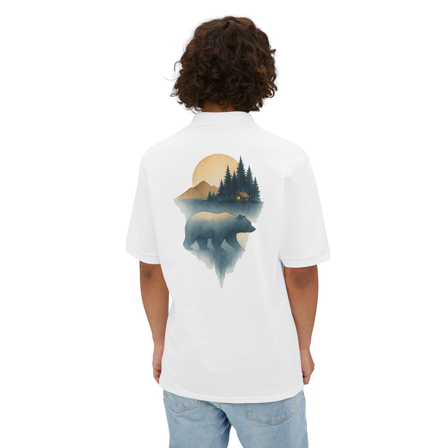Men's Polo with Bear & Landscape Design - Casual Outdoor Shirt