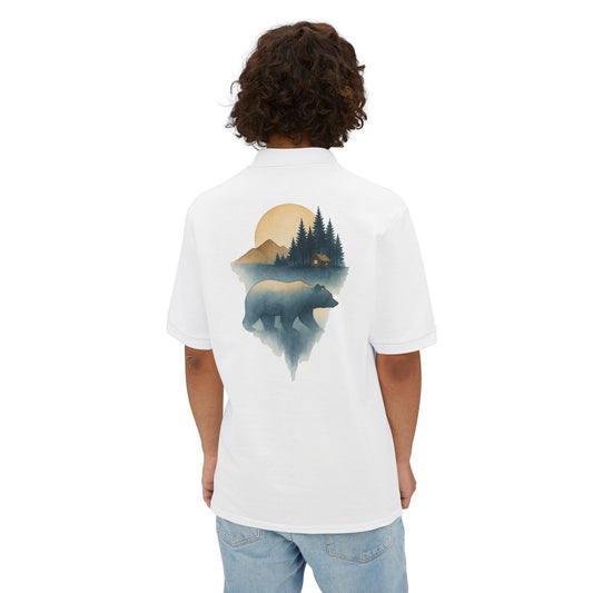 Men's Polo with Bear & Landscape Design - Casual Outdoor Shirt