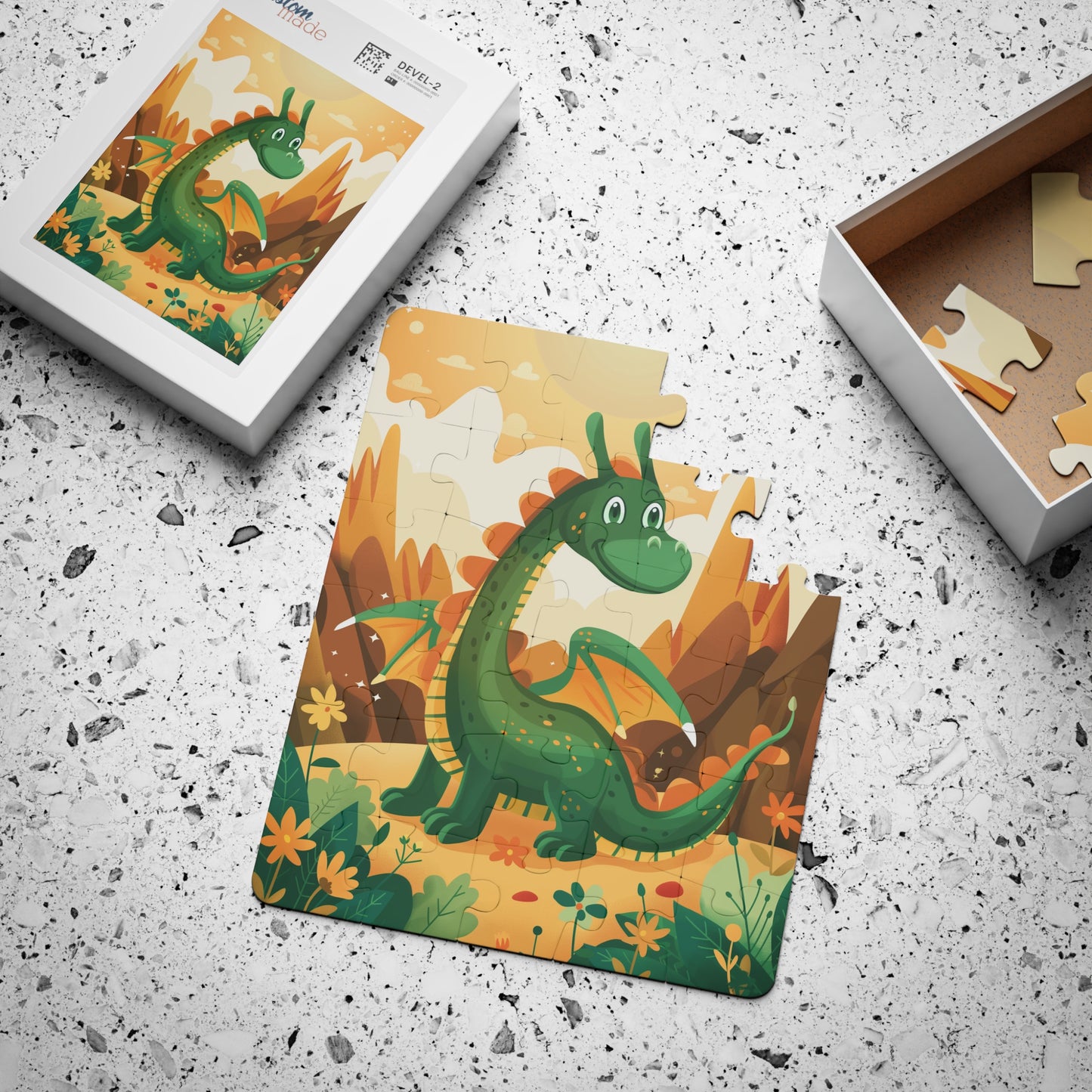 Kids' Puzzle, 30-Piece - Glowing Green Dragon and Golden Mountains Landscape Design