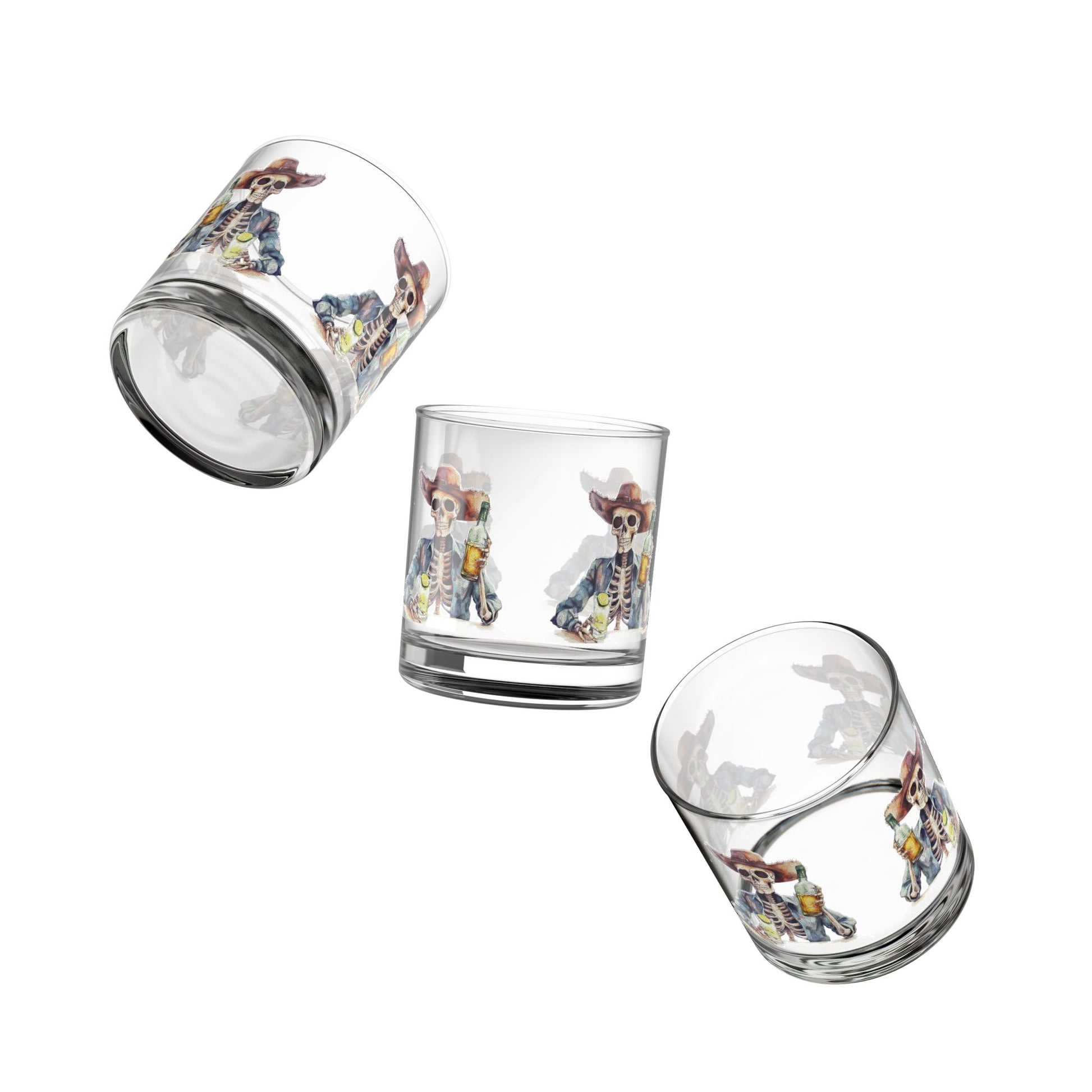 Set of three clear glasses with colorful illustrations