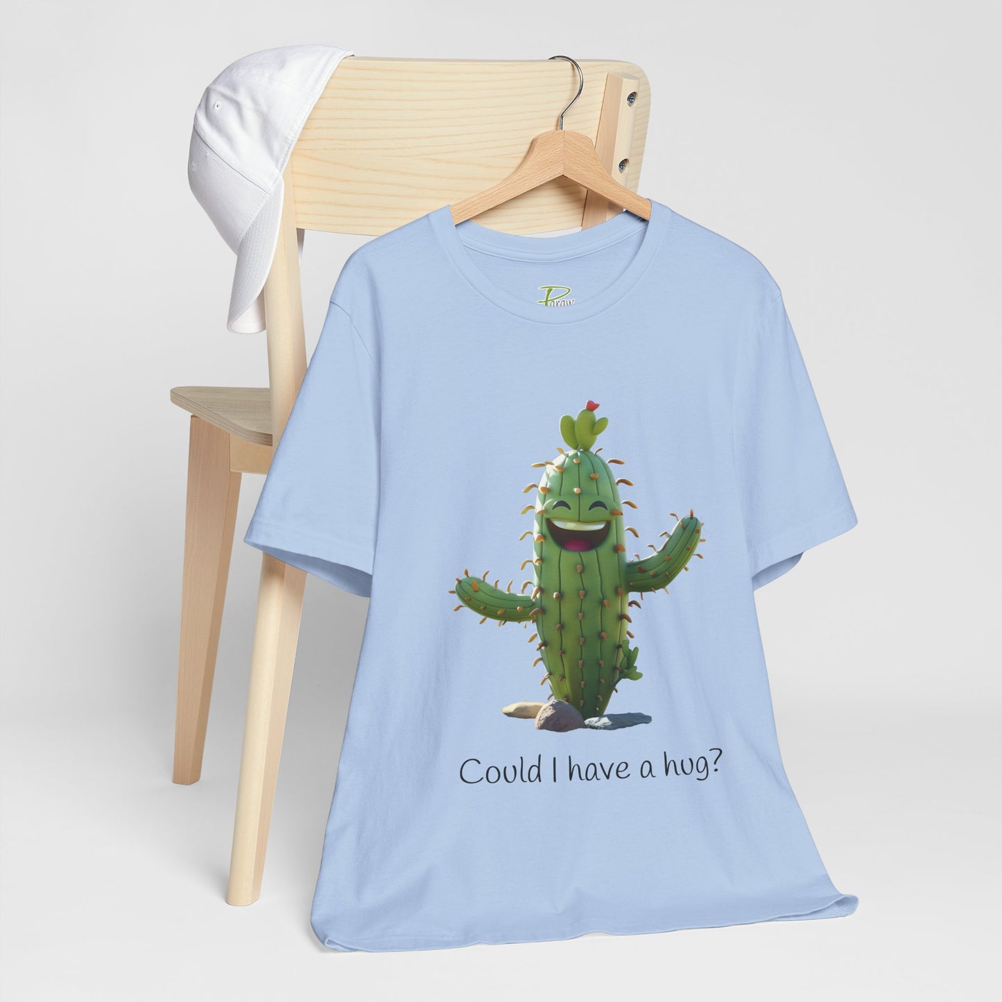 Light Colorful Smiling Cactus Plant T-shirt - 'Could I Have a Hug?' - Lightweight Fabric Tee