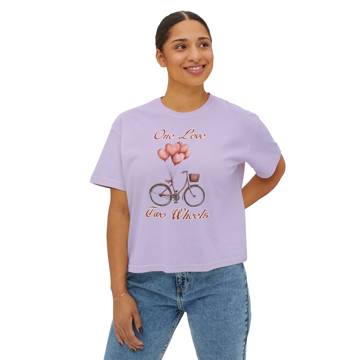Vintage Bike Boxy Tee - Valentine's Day Women's Boxy Tee with Heart Balloons Graphic