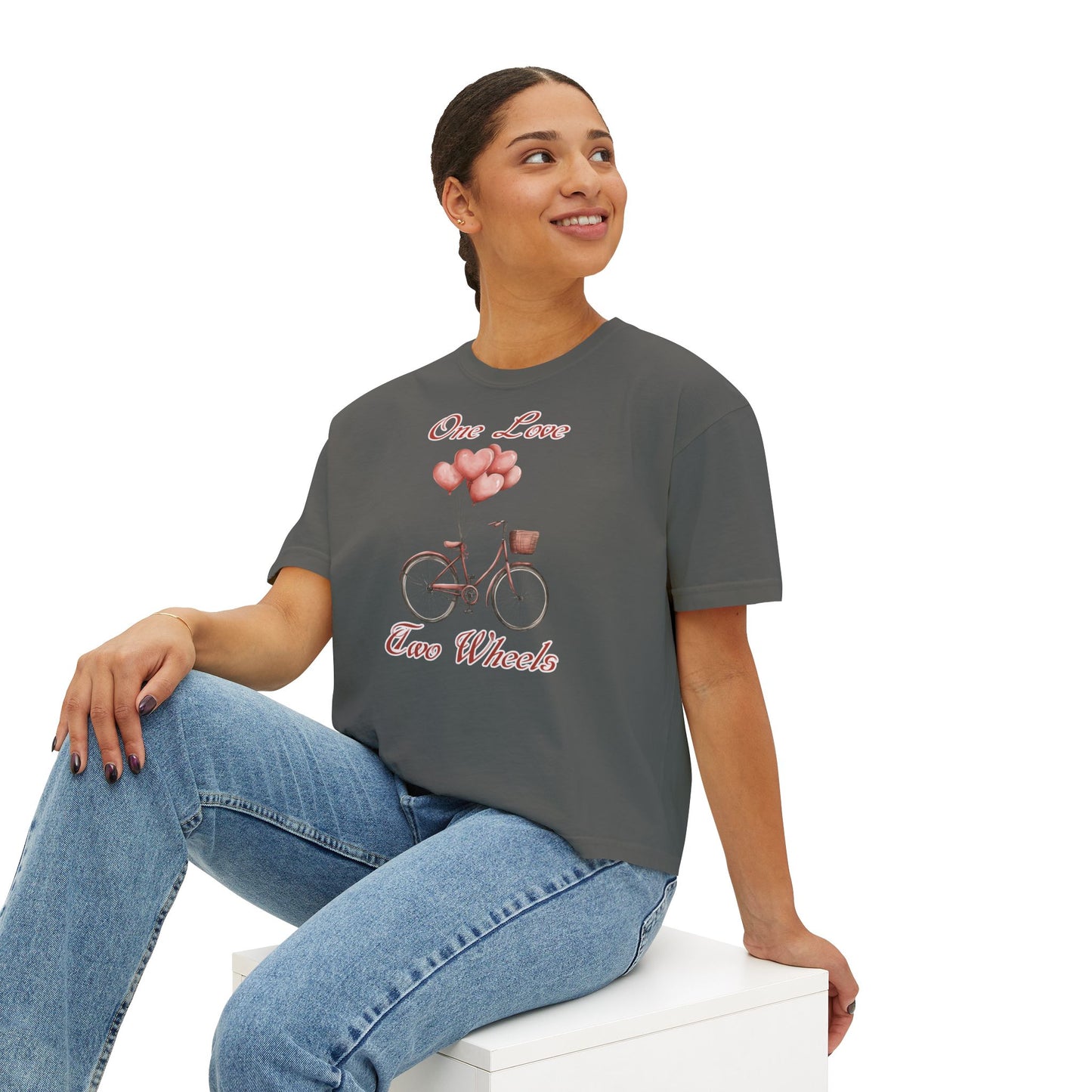 Vintage Bike Boxy Tee - Valentine's Day Women's Boxy Tee with Heart Balloons Graphic