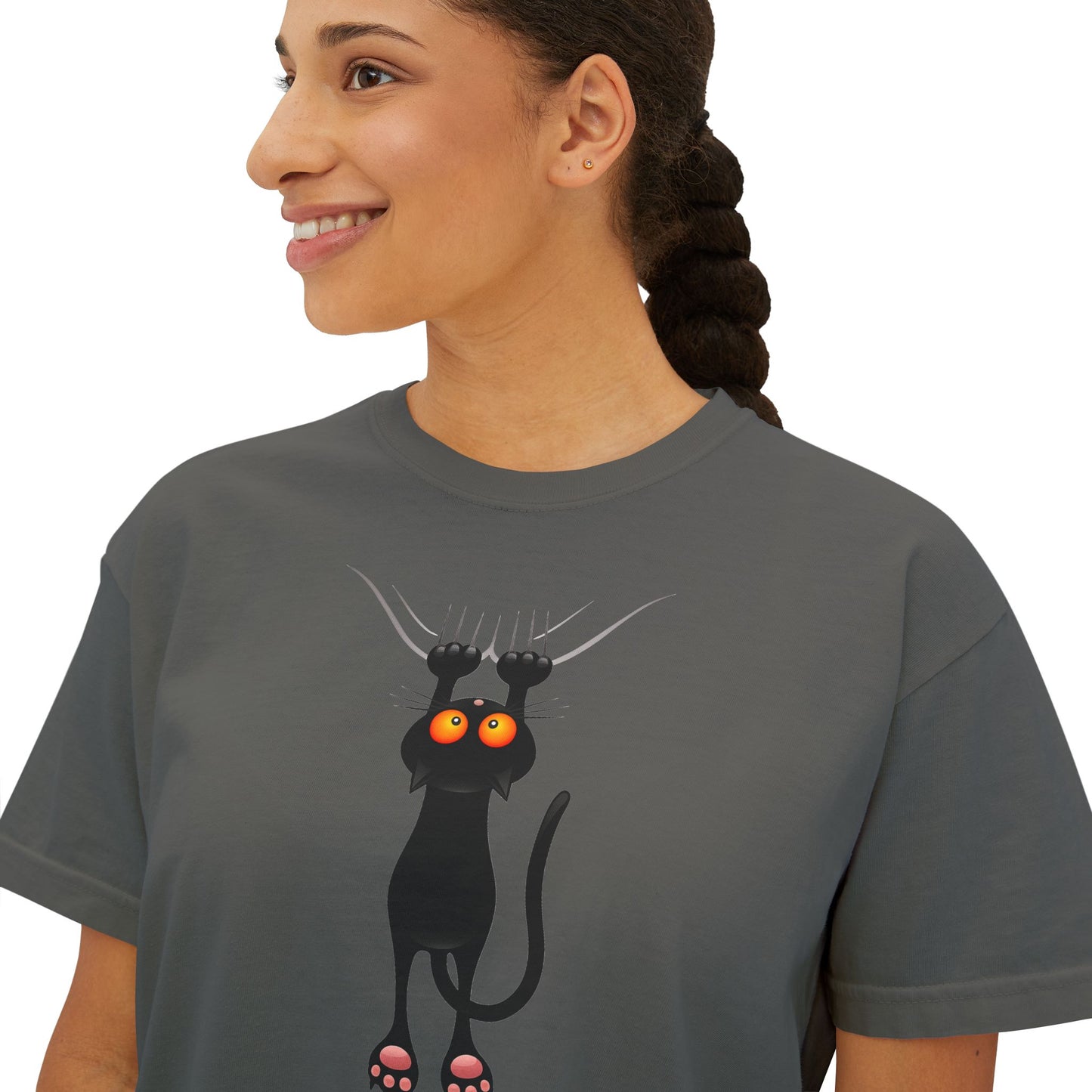 Cute Cat Graphic Women's Boxy Tee, Casual Tee for Cat Lovers, Birthday Gift, Soft Cotton Top, Fun Everyday Wear