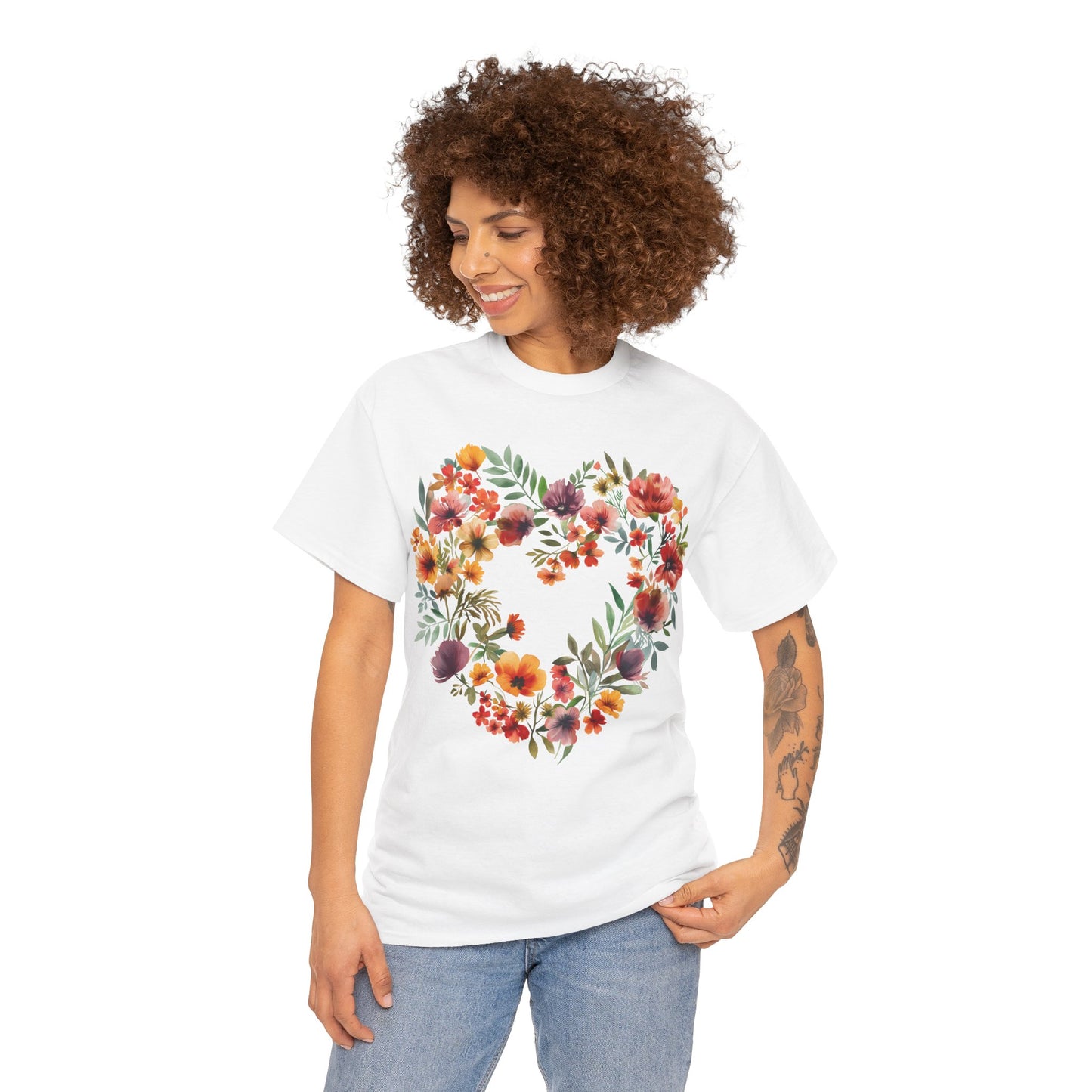 Women's Heavy Cotton Tee - Floral Heart Unisex T-Shirt