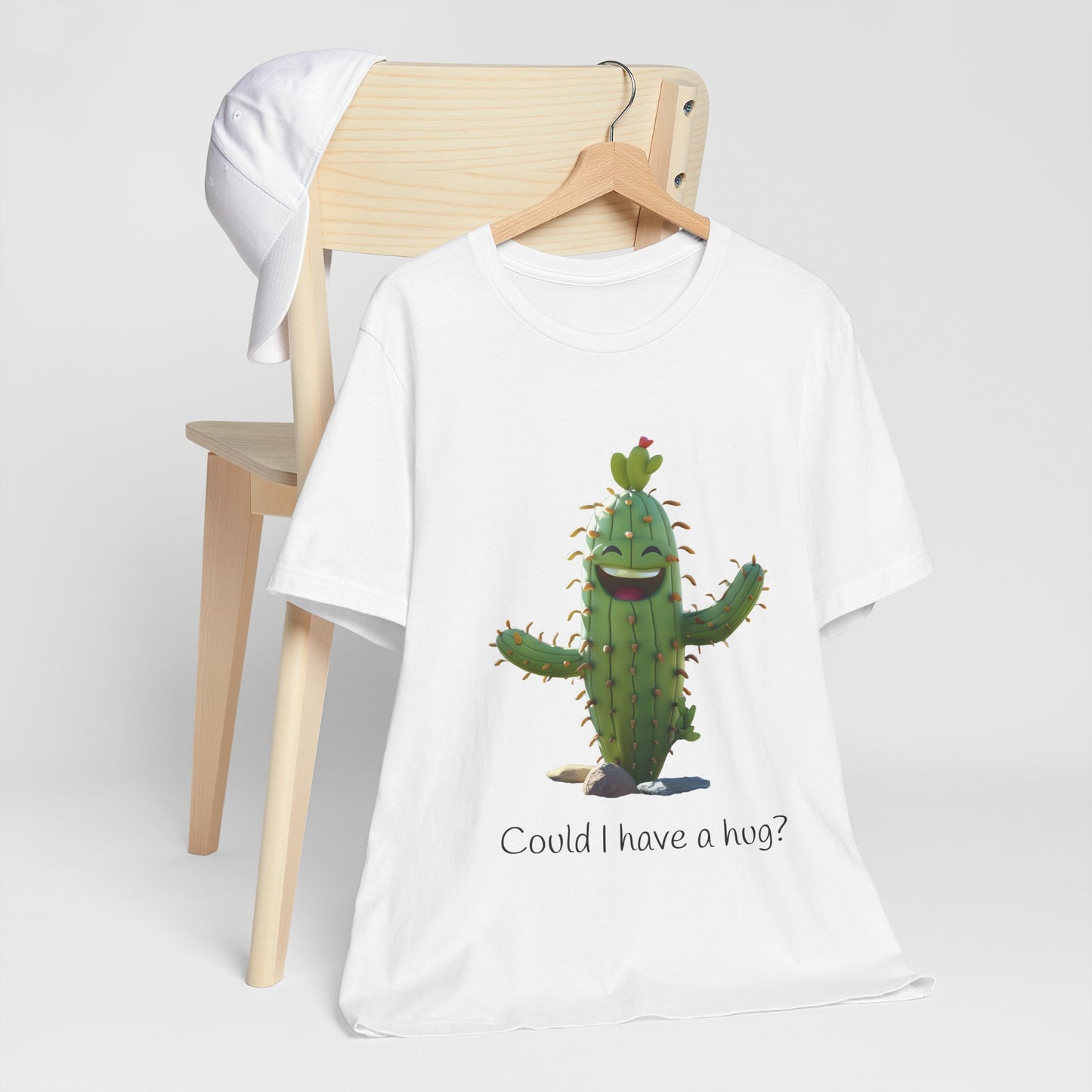 Light Colorful Smiling Cactus Plant T-shirt - 'Could I Have a Hug?' - Lightweight Fabric Tee