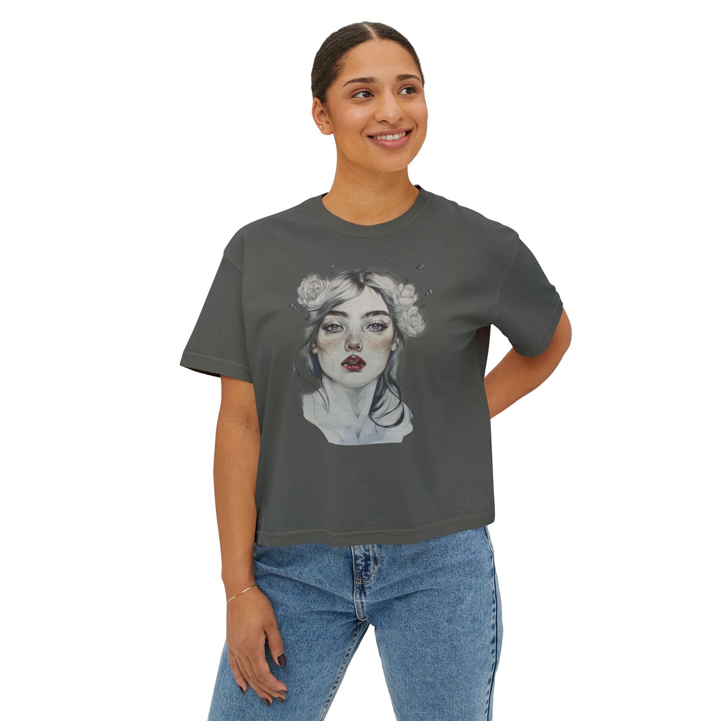 Boho Floral Women's Boxy Tee - Artistic Graphic T-Shirt for Everyday Style