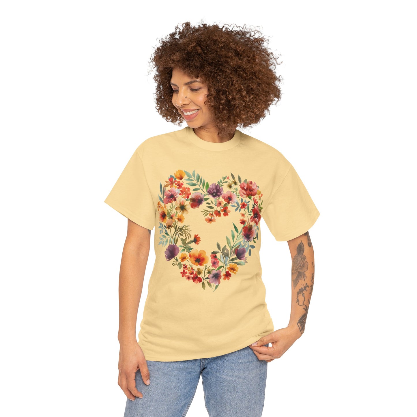 Women's Heavy Cotton Tee - Floral Heart Unisex T-Shirt