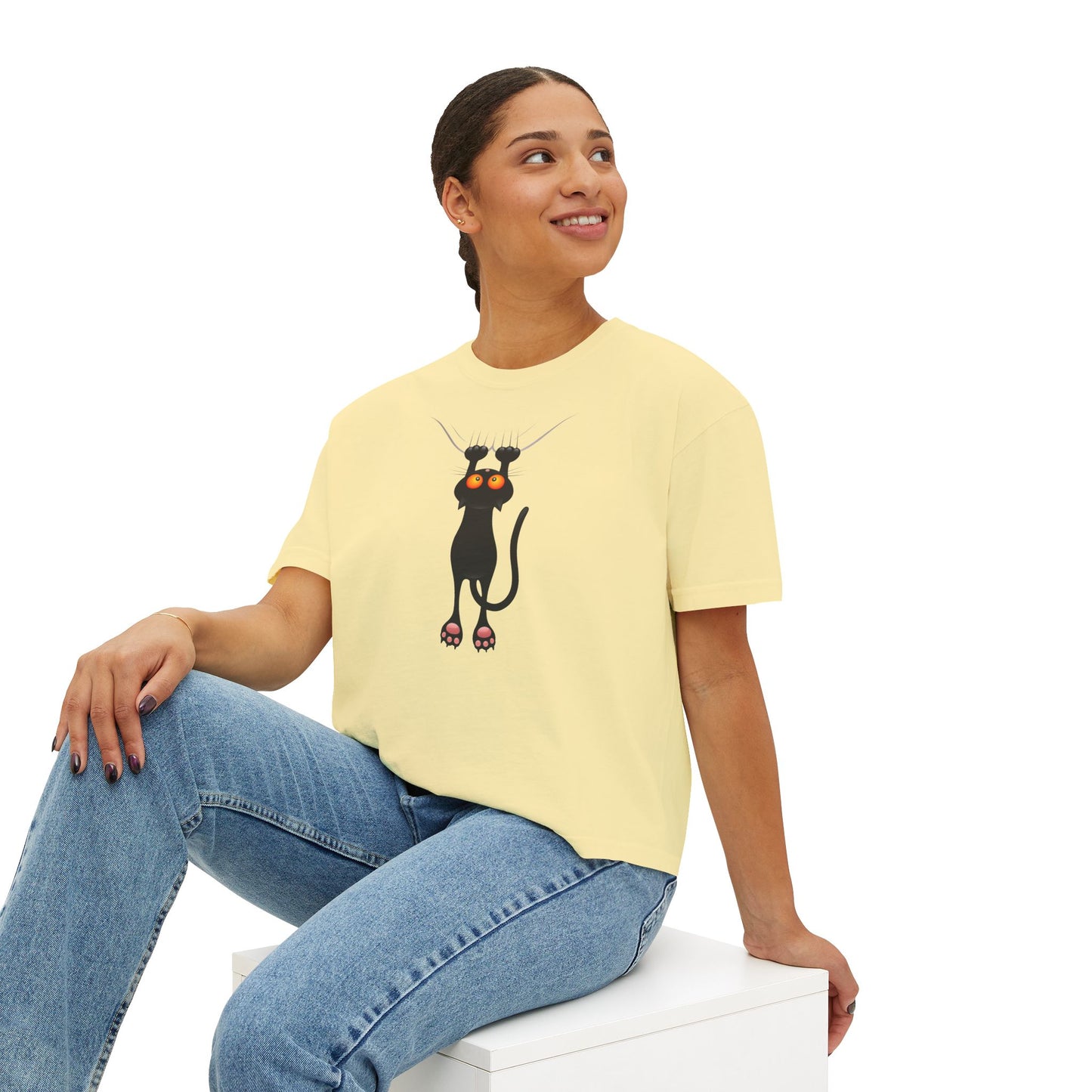 Cute Cat Graphic Women's Boxy Tee, Casual Tee for Cat Lovers, Birthday Gift, Soft Cotton Top, Fun Everyday Wear