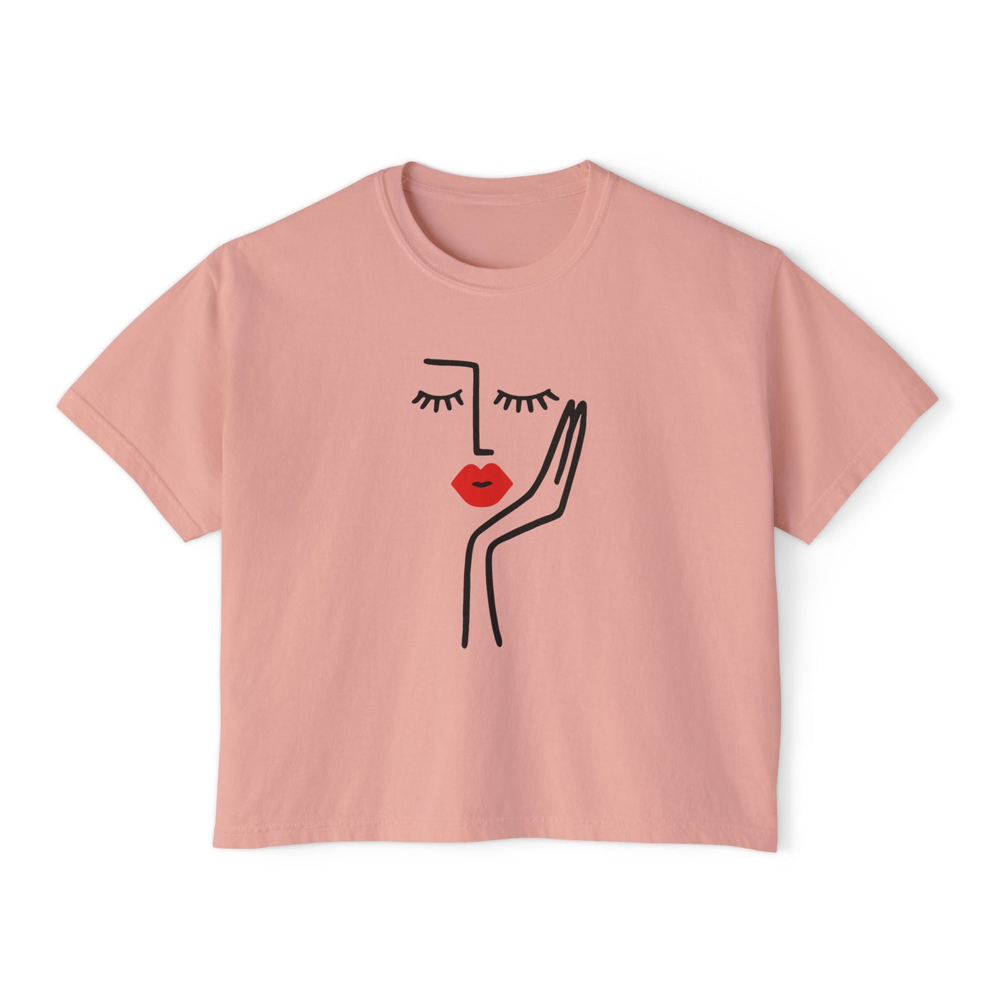 Women's Boxy Tee with Abstract Face Design - Casual Summer Top, Graphic Tee, Artsy Shirt, Gift for Her, Fashion Statement