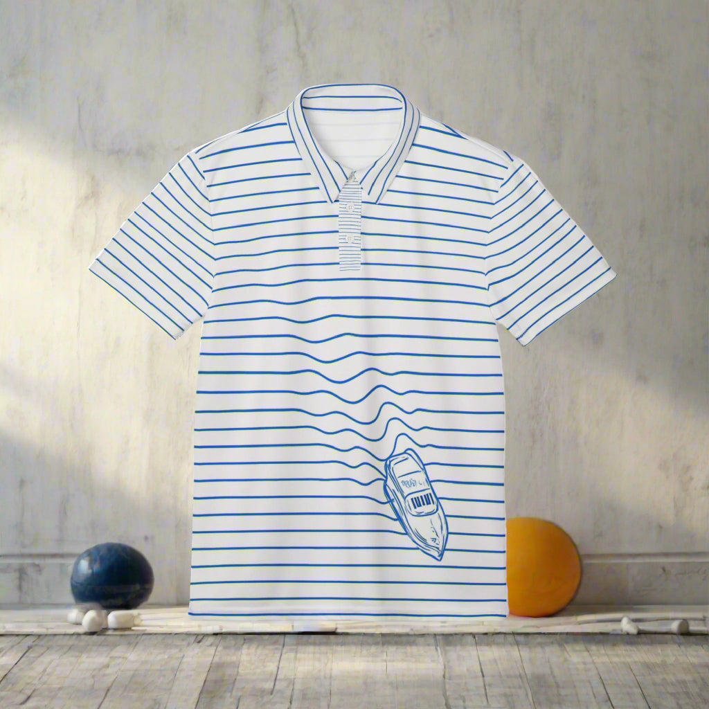 White polo shirt with blue stripes and a boat graphic