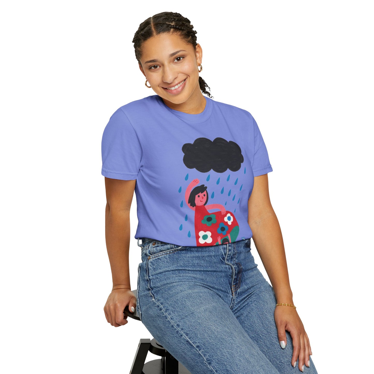 Colorful Rainy Day Unisex T-Shirt - Whimsical Design Featuring Flowers & Clouds - Mother's day Gift - Birthday Gift