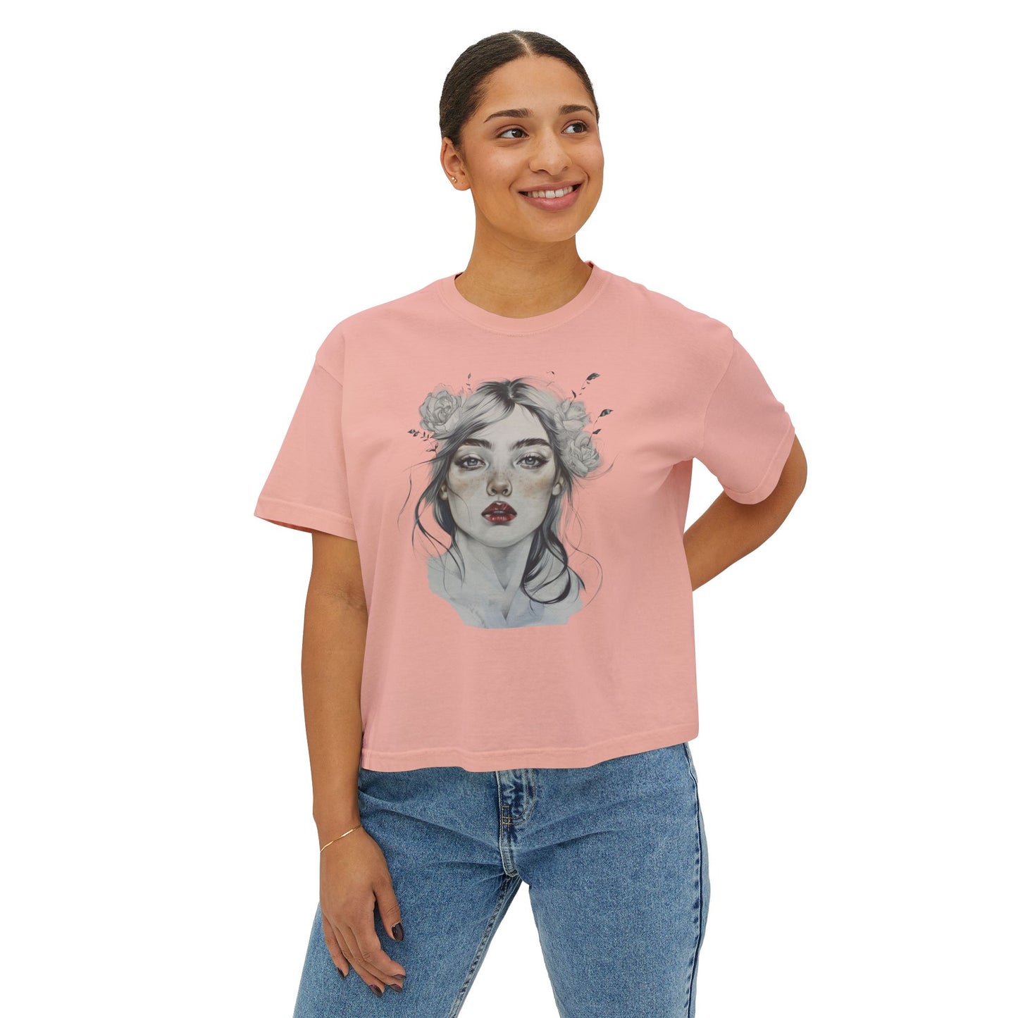 Boho Floral Women's Boxy Tee - Artistic Graphic T-Shirt for Everyday Style