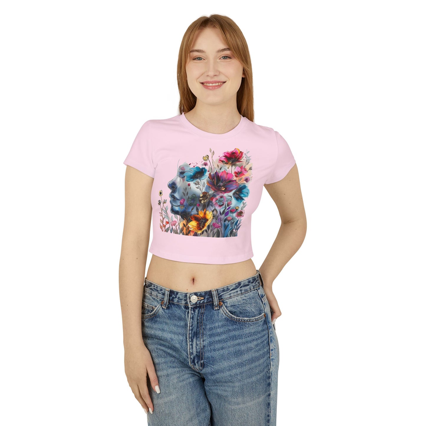 Floral Dreamscape Women Baby Tee - Artistic Short-Sleeve Top for Nature Lovers
