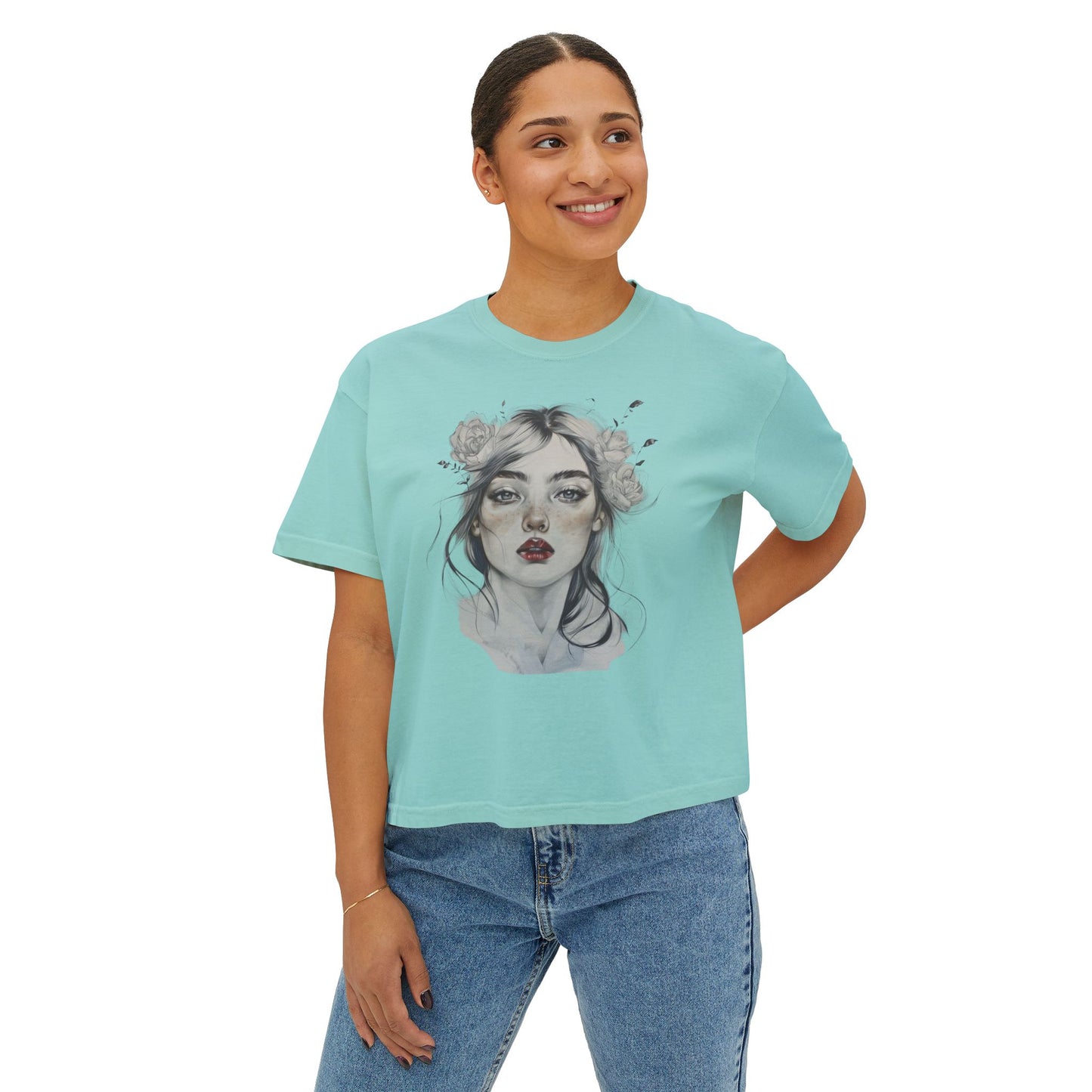 Boho Floral Women's Boxy Tee - Artistic Graphic T-Shirt for Everyday Style