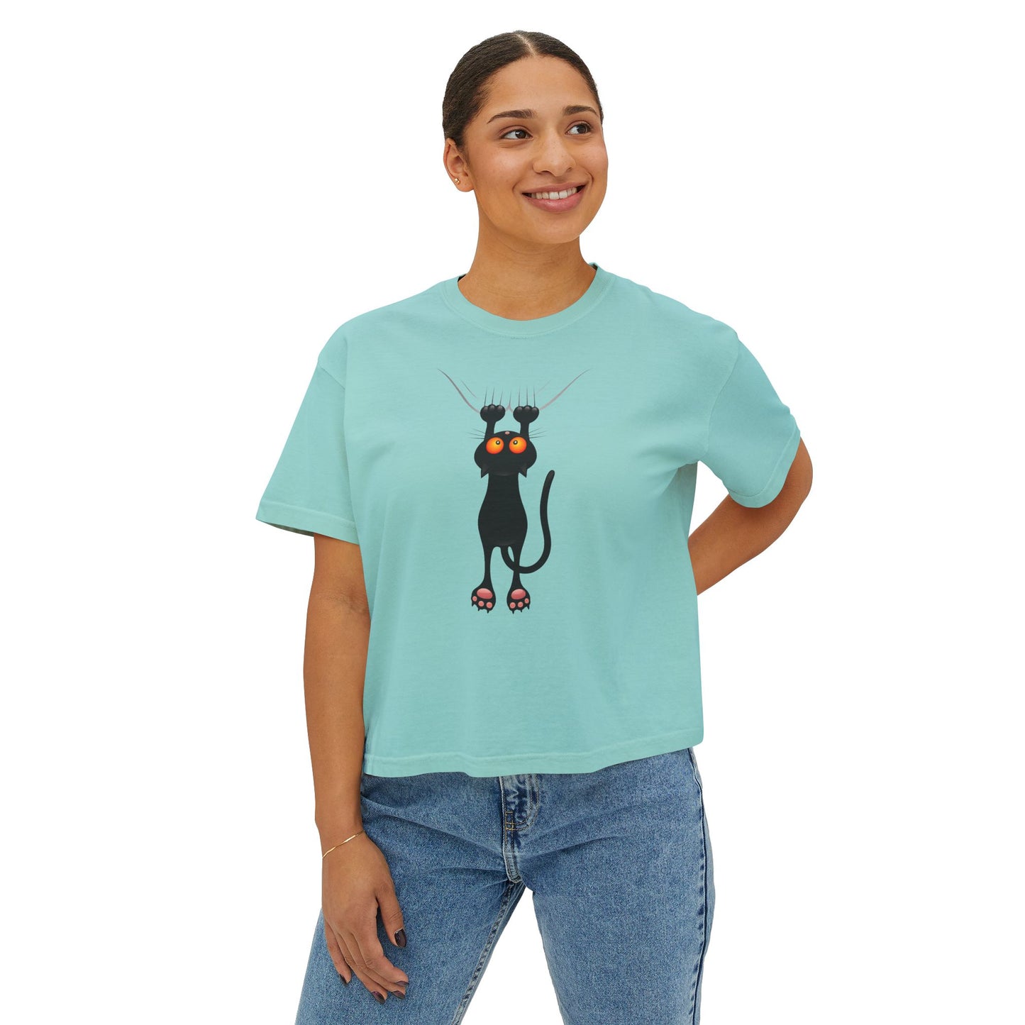Cute Cat Graphic Women's Boxy Tee, Casual Tee for Cat Lovers, Birthday Gift, Soft Cotton Top, Fun Everyday Wear