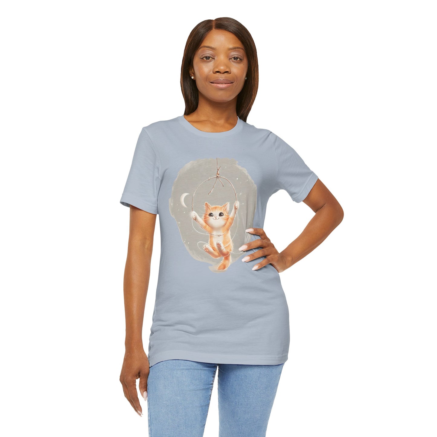 Cute Smiling Cat Cartoon T-shirt - Lightweight Fabric Tee