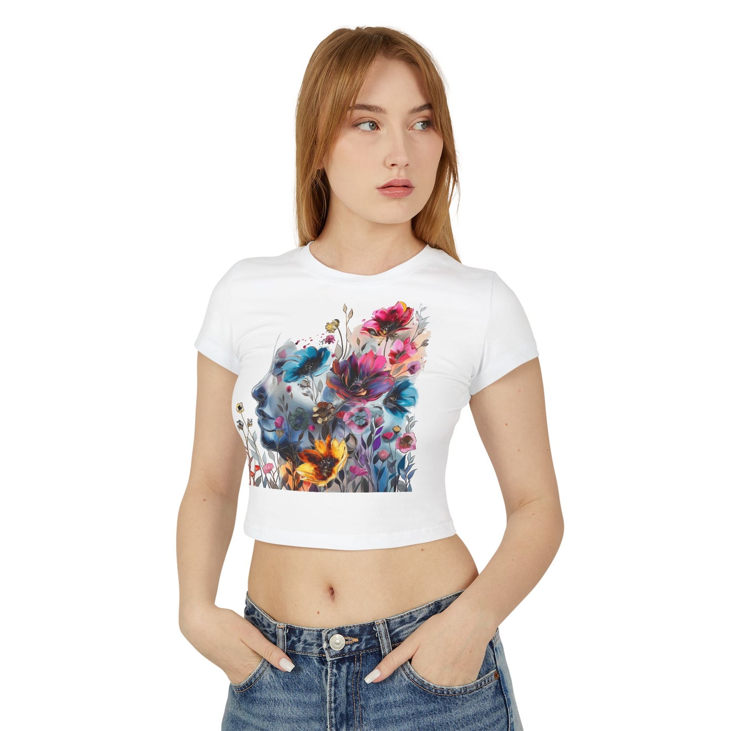 Floral Dreamscape Women Baby Tee - Artistic Short-Sleeve Top for Nature Lovers