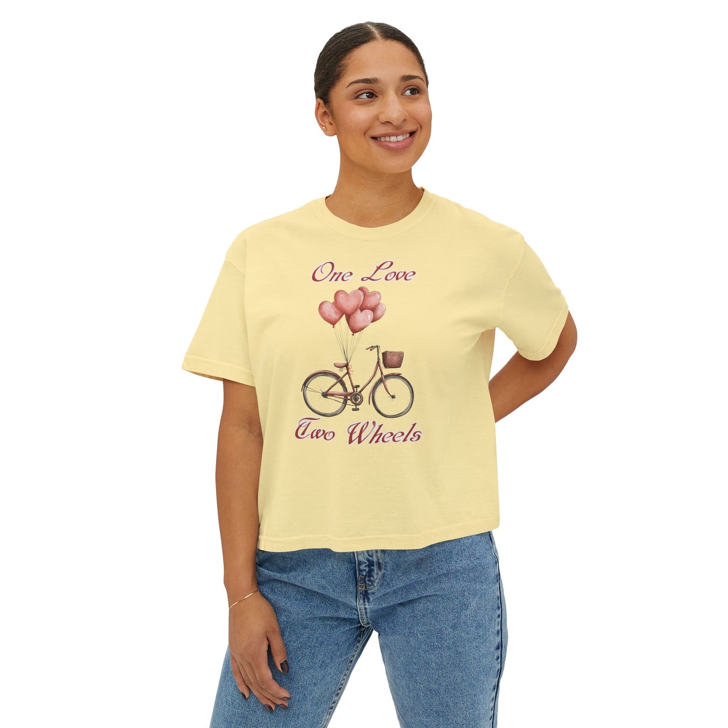 Vintage Bike Boxy Tee - Valentine's Day Women's Boxy Tee with Heart Balloons Graphic