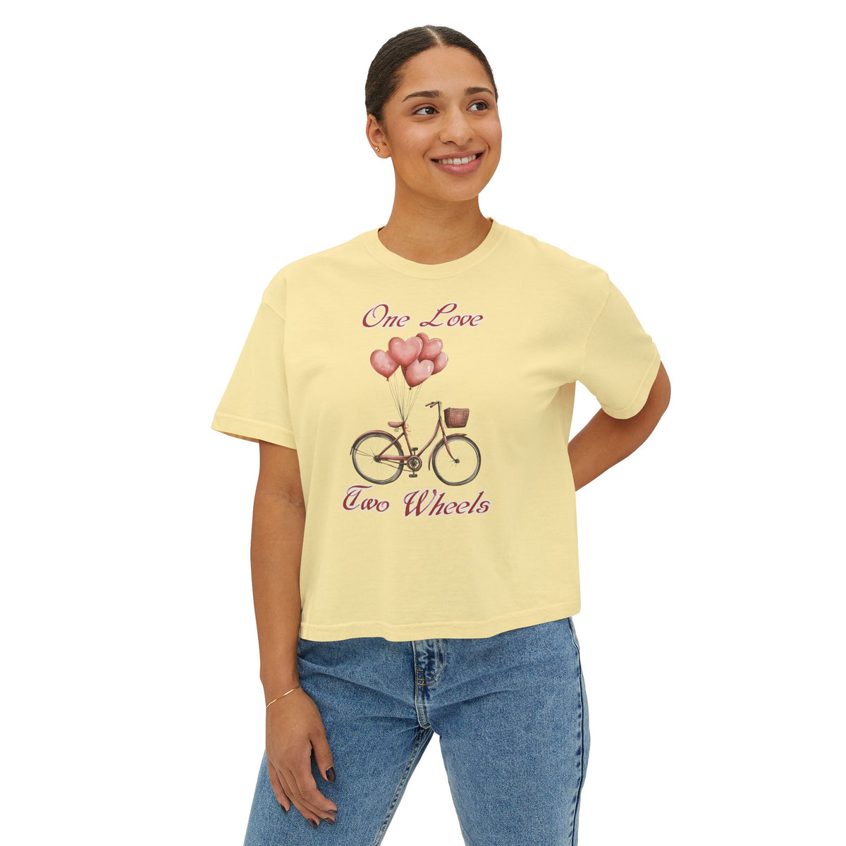 Vintage Bike Boxy Tee - Valentine's Day Women's Boxy Tee with Heart Balloons Graphic