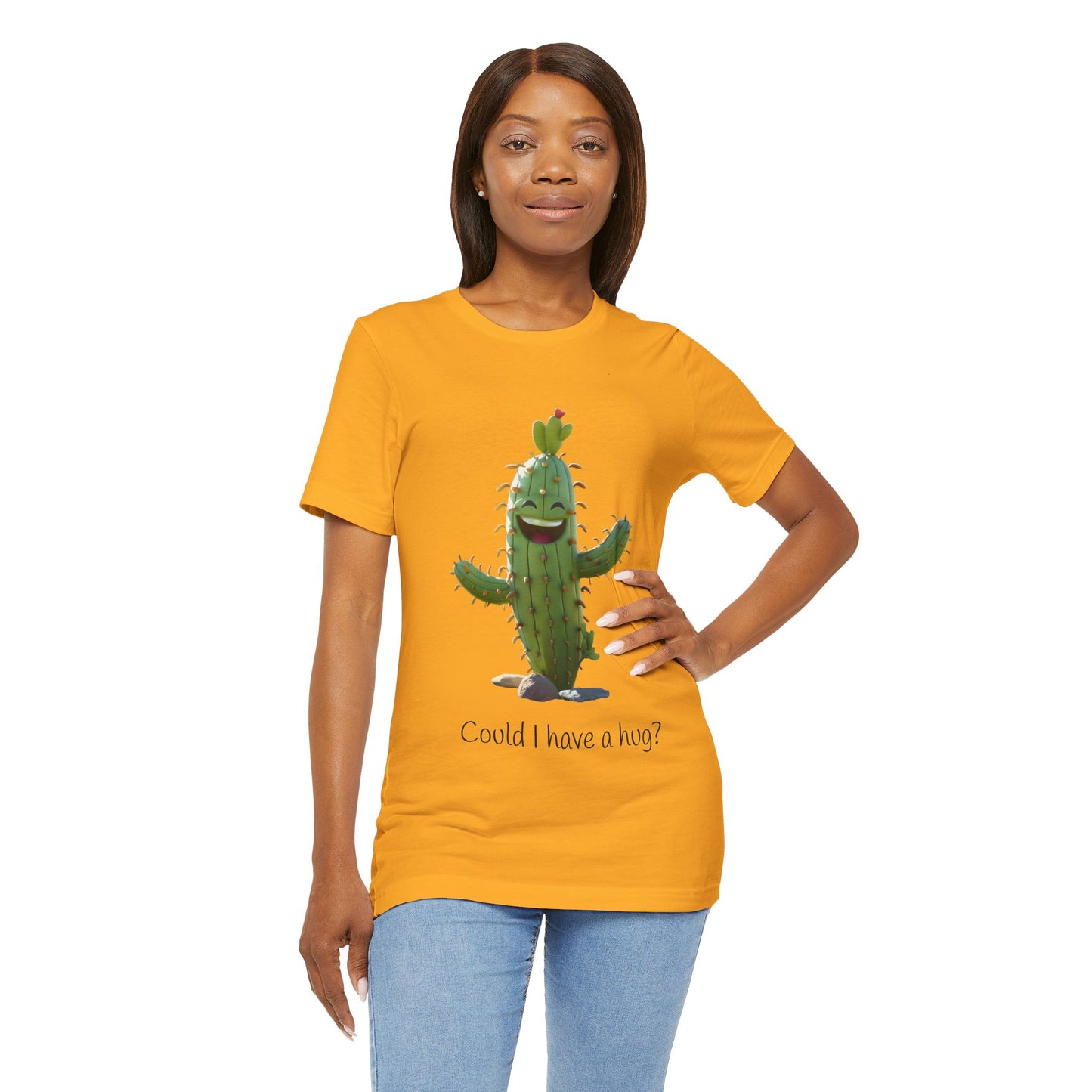 Light Colorful Smiling Cactus Plant T-shirt - 'Could I Have a Hug?' - Lightweight Fabric Tee