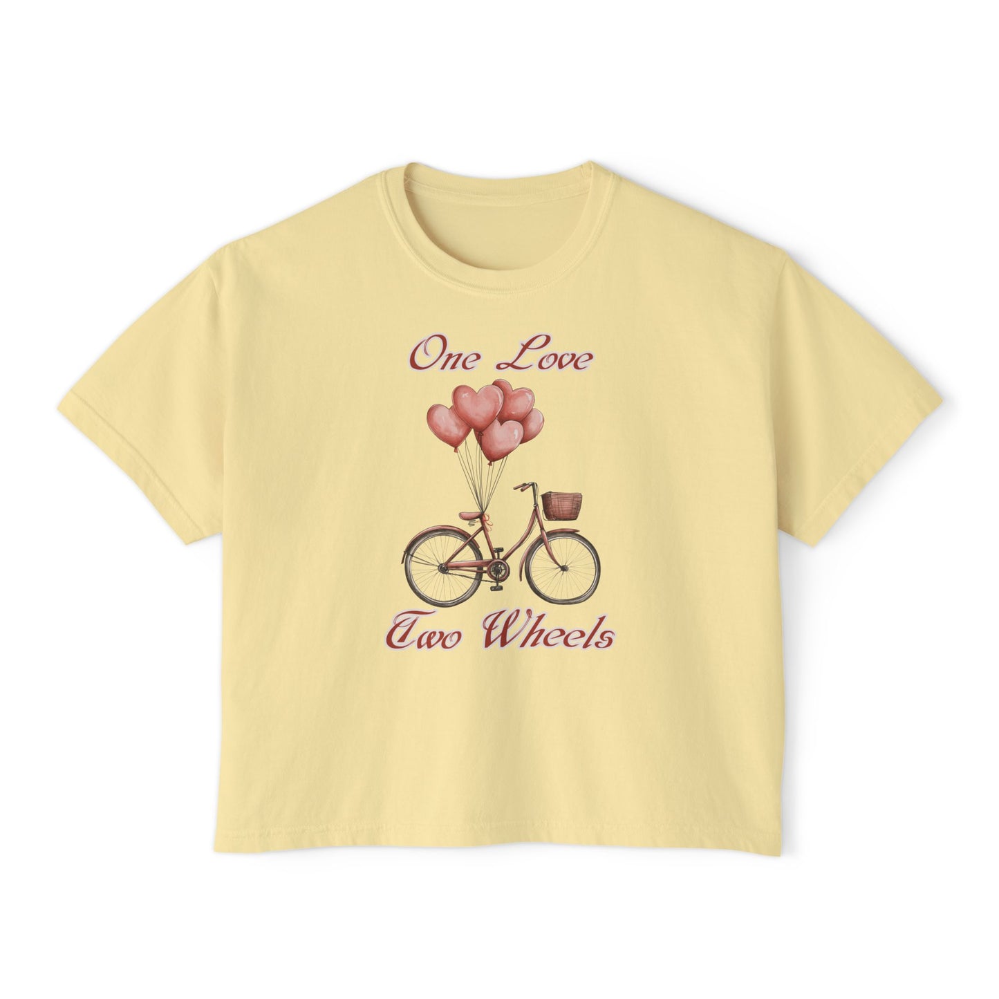 Vintage Bike Boxy Tee - Valentine's Day Women's Boxy Tee with Heart Balloons Graphic