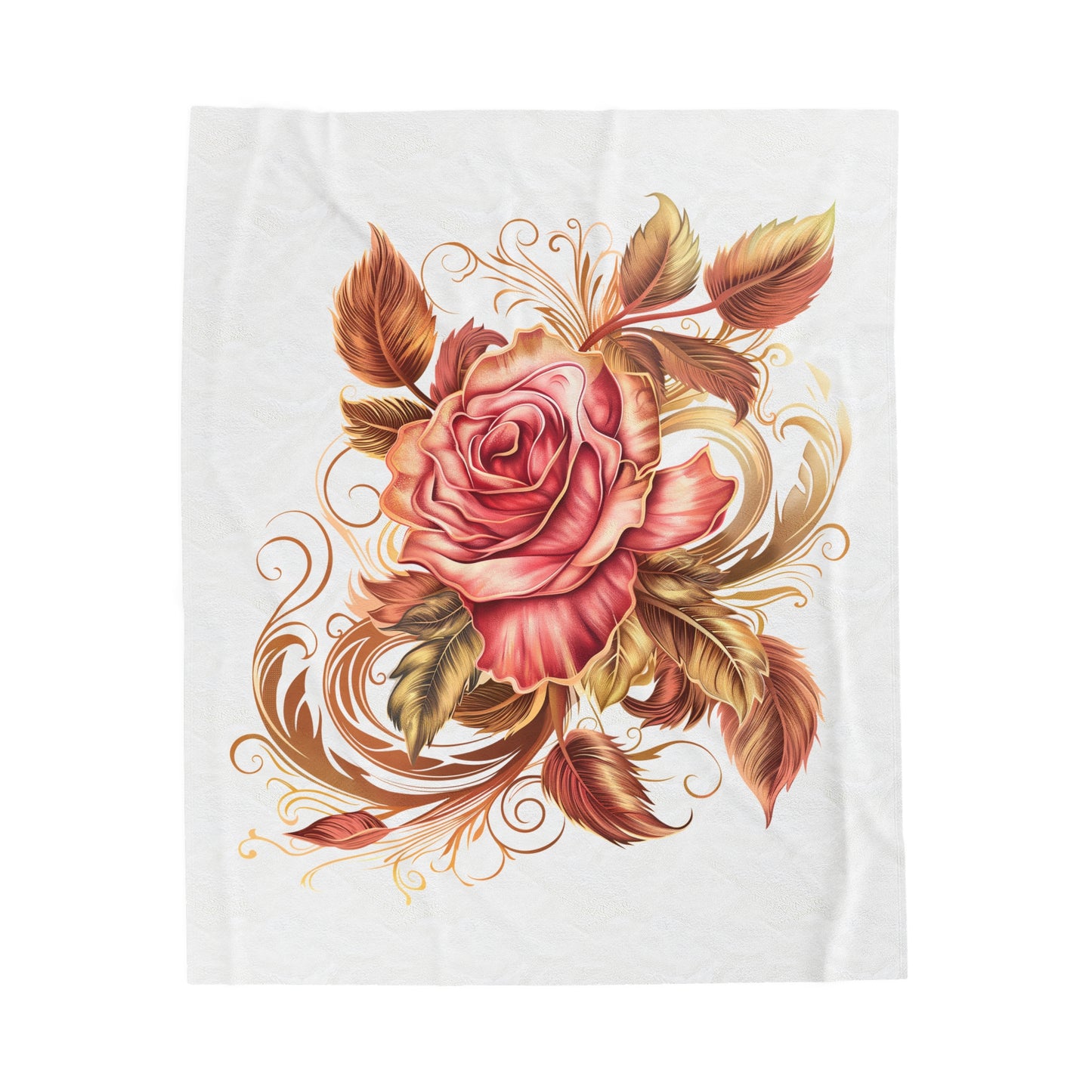 White Velveteen Plush Blanket with beautiful pink rose surrounded by swirling leaves