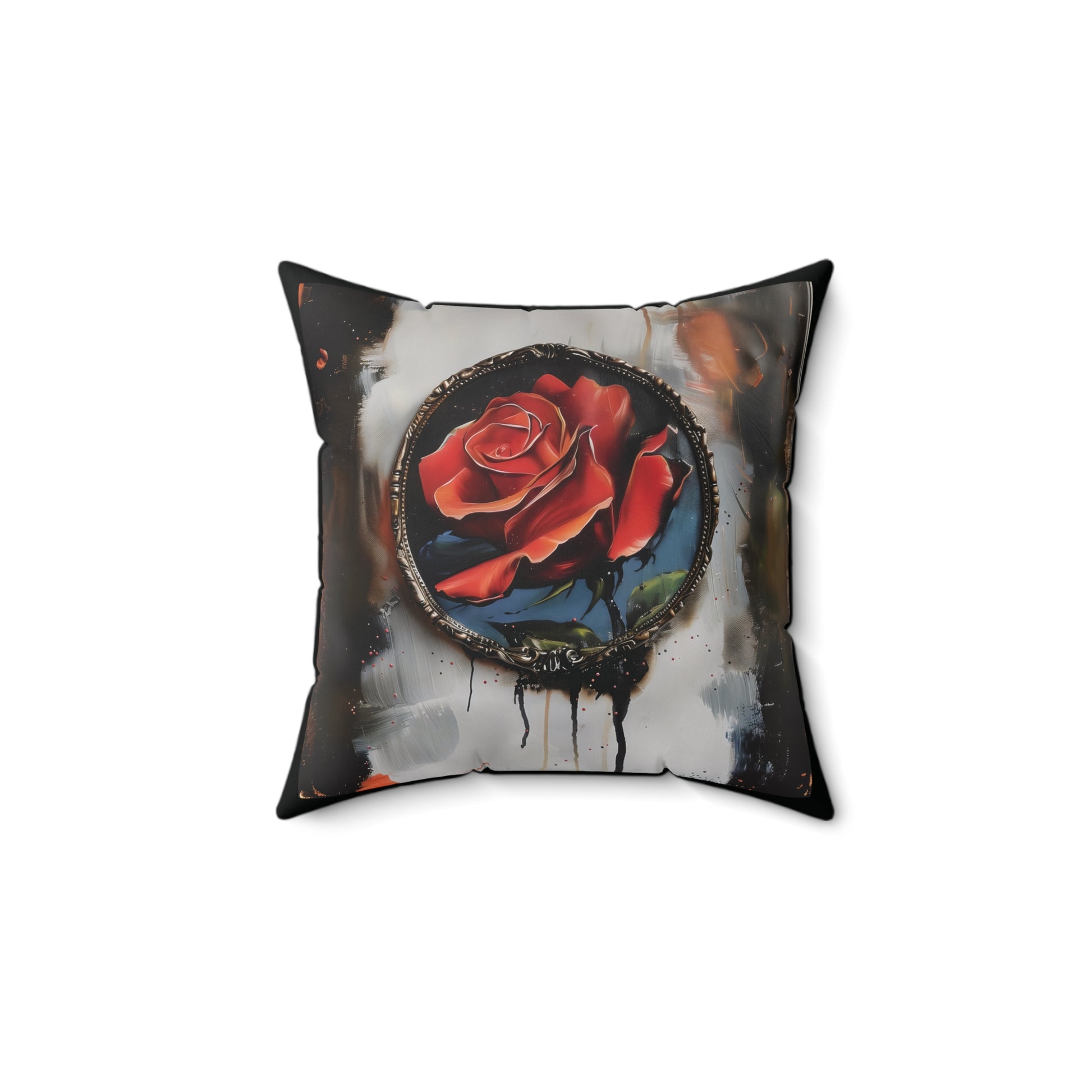 Red rose-themed throw pillow – miniature square cushion on a black background, designed to create a warm, inviting atmosphere. Ideal for gothic chic décor, floral-inspired bedrooms, or as a stylish living room accent piece.