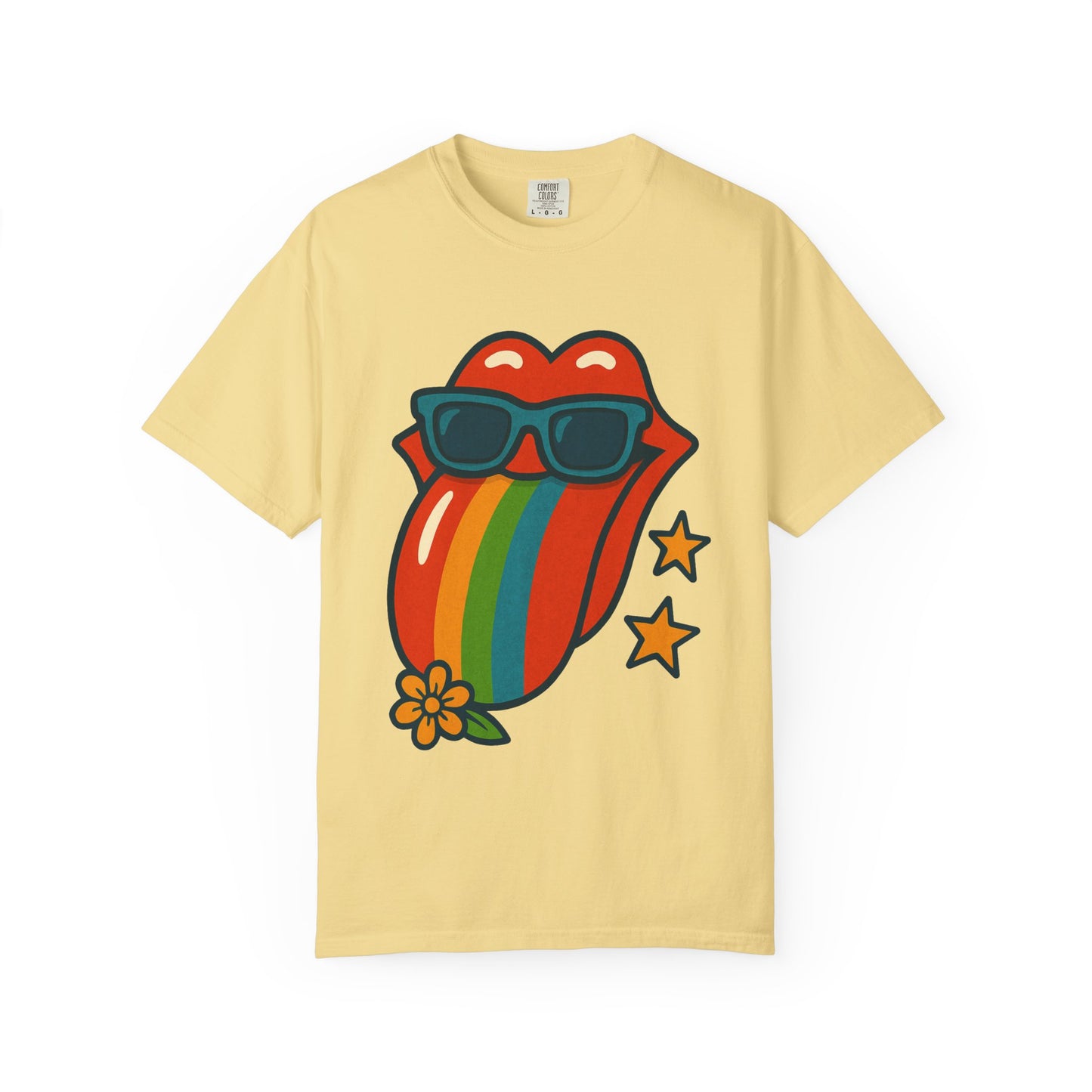 Colorful Retro T-Shirt with Rainbow Tongue Design, Vintage Rock Tee, Unisex Graphic Top, Music Lover Gift, Festival Wear