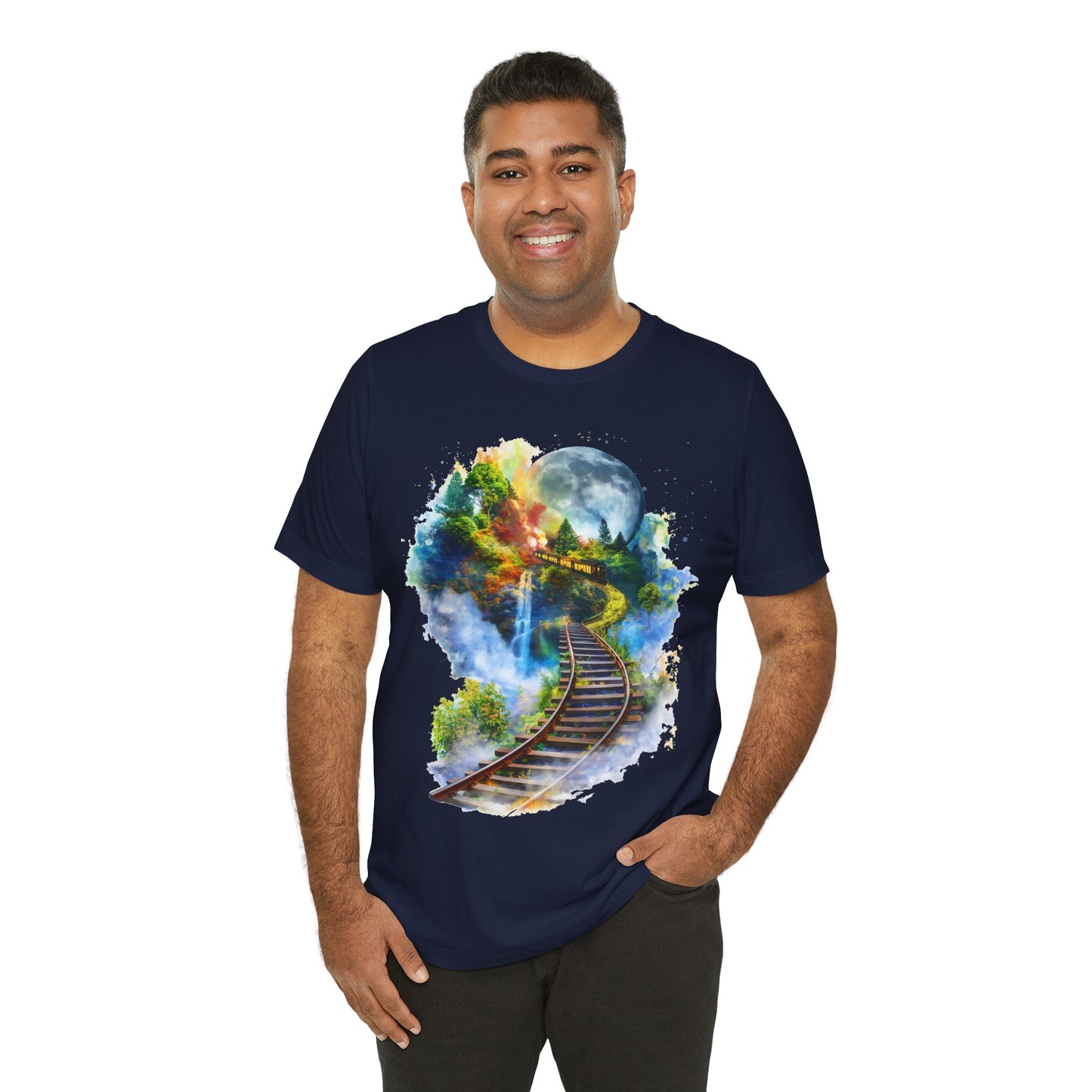 Unisex T-Shirt with 3D Watercolor Train Tracks and Enchanted Forest Design - Lightweight Fabric Tee