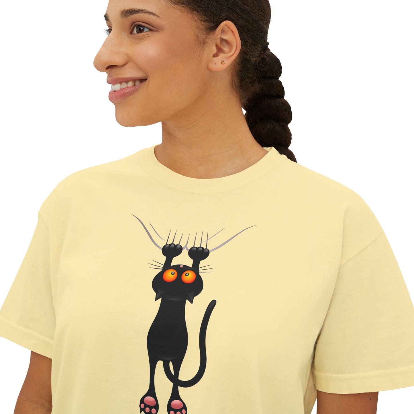 Cute Cat Graphic Women's Boxy Tee, Casual Tee for Cat Lovers, Birthday Gift, Soft Cotton Top, Fun Everyday Wear