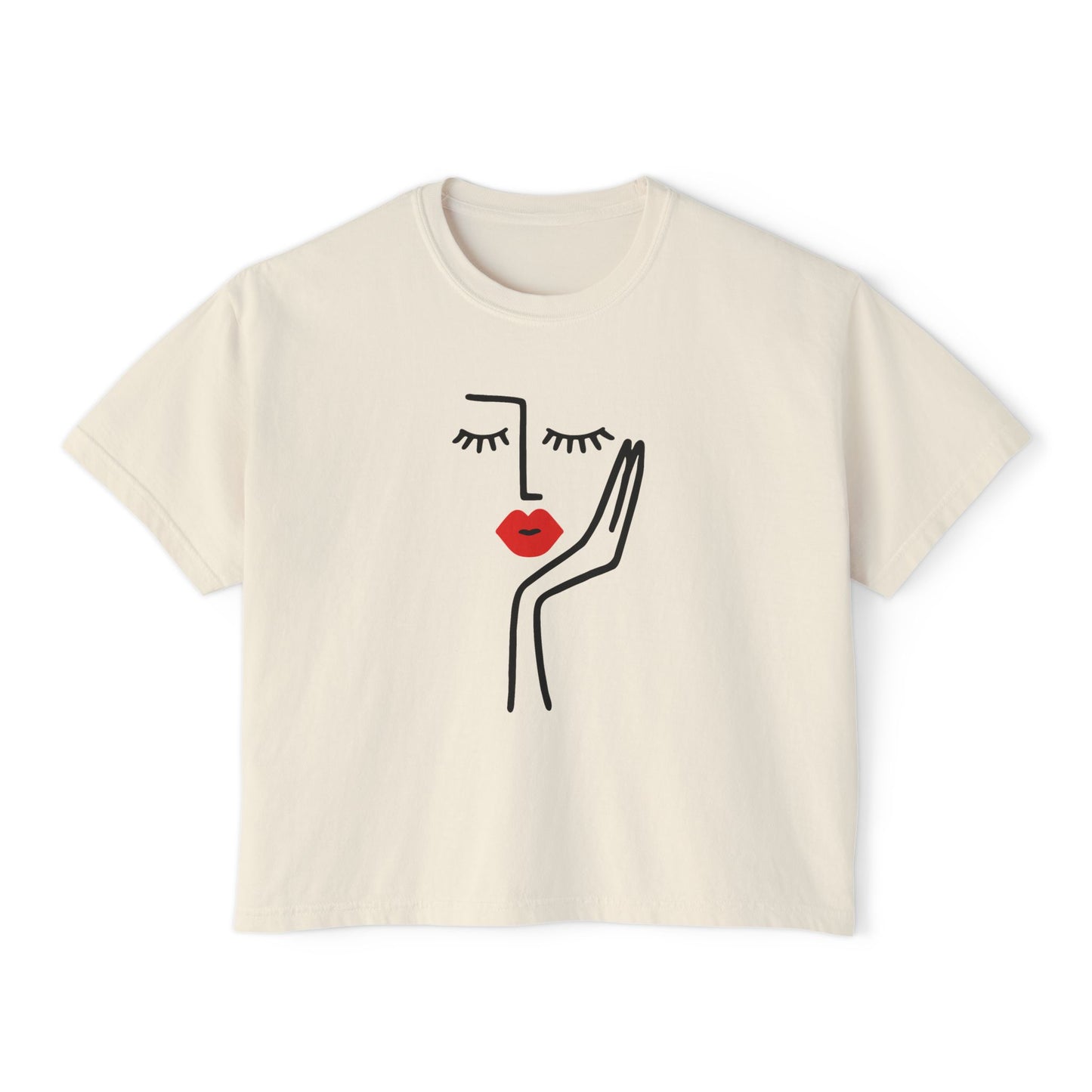 Women's Boxy Tee with Abstract Face Design - Casual Summer Top, Graphic Tee, Artsy Shirt, Gift for Her, Fashion Statement