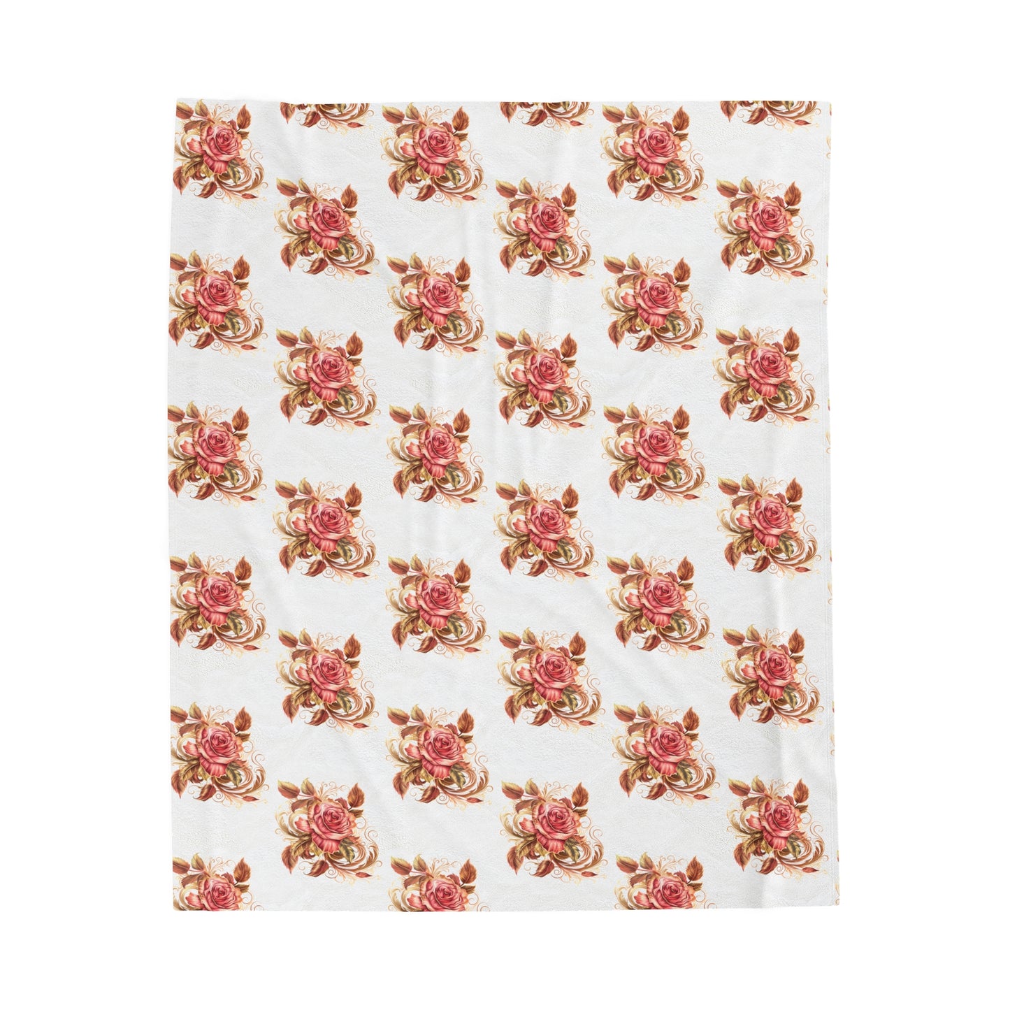 Velveteen Plush Blanket with beautiful grid design of pink roses surrounded by swirling leaves