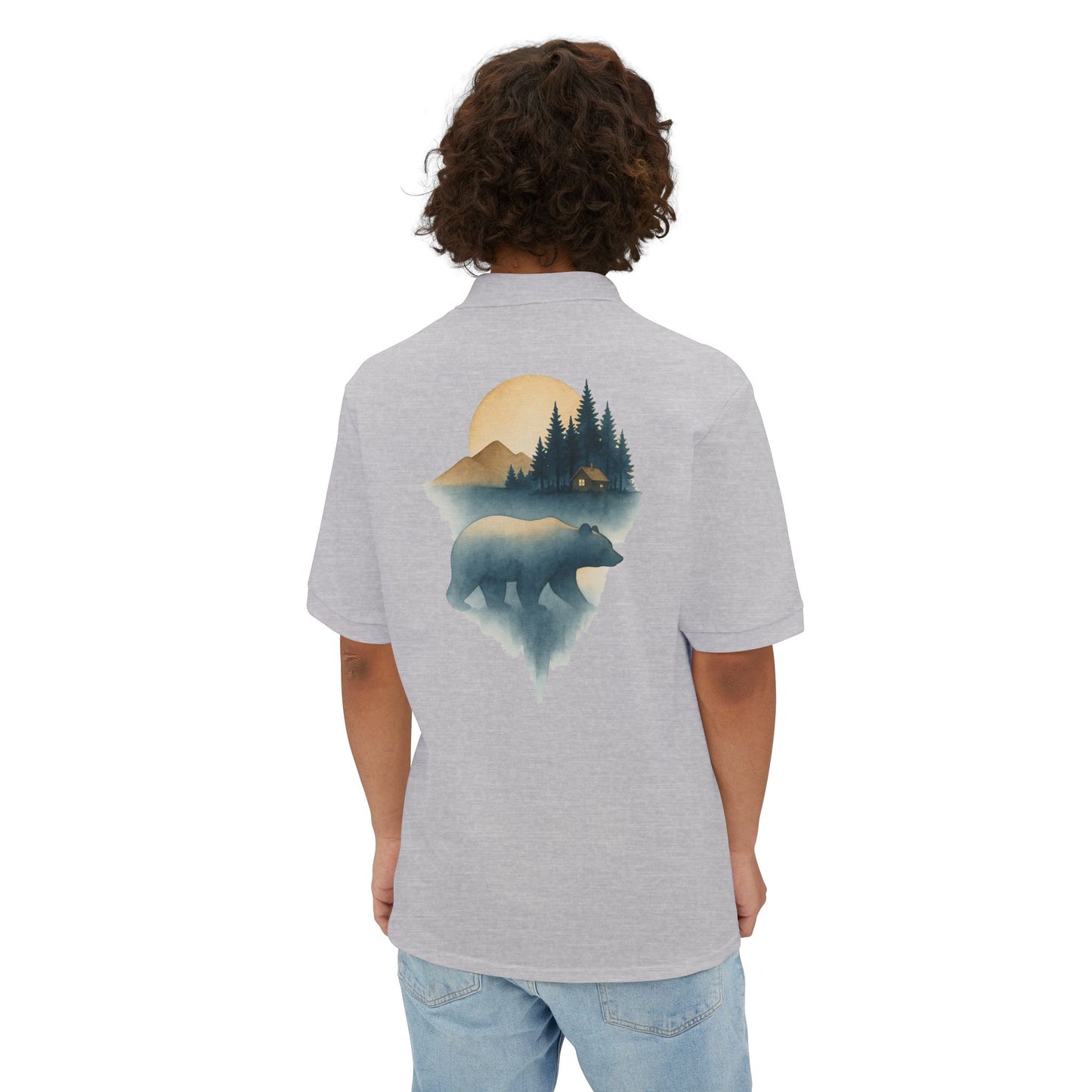 Men's Polo with Bear & Landscape Design - Casual Outdoor Shirt