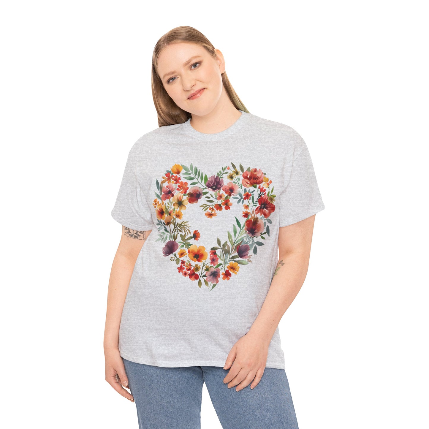Women's Heavy Cotton Tee - Floral Heart Unisex T-Shirt