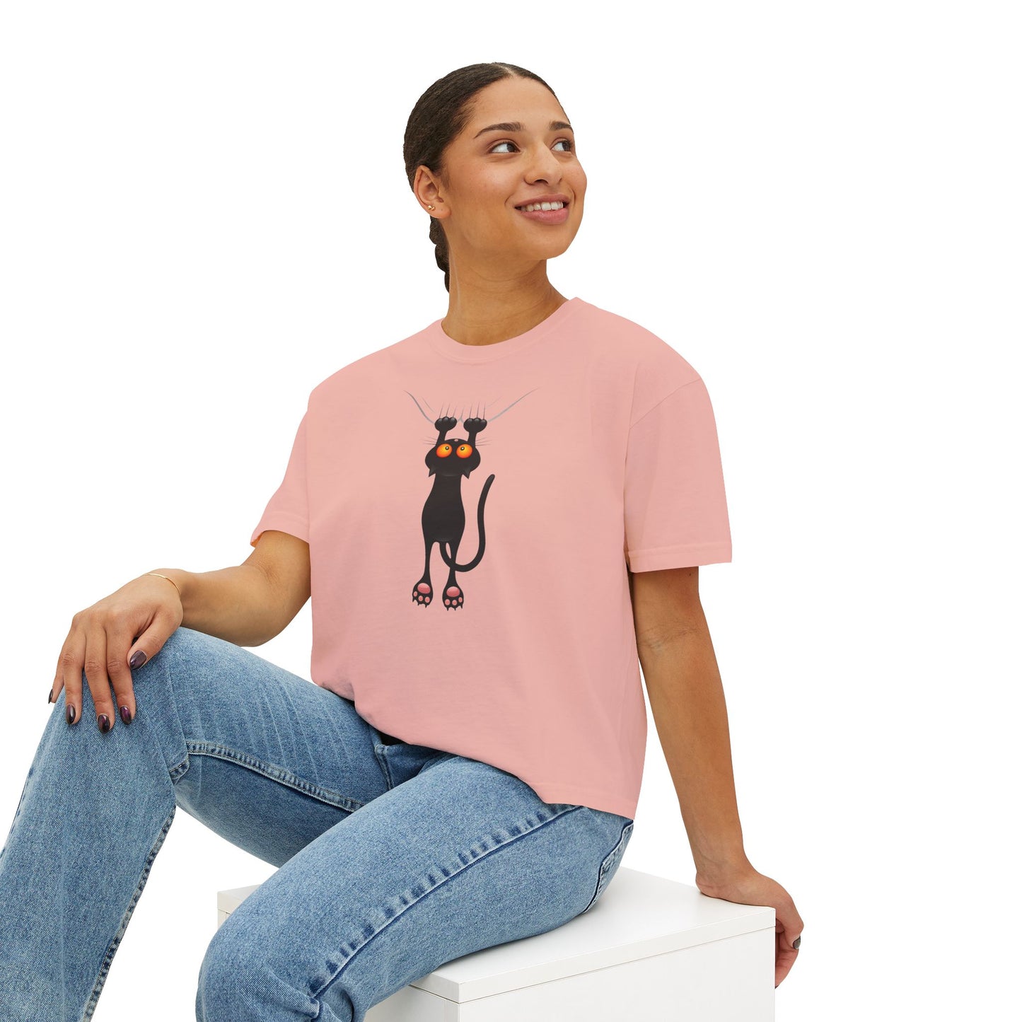 Cute Cat Graphic Women's Boxy Tee, Casual Tee for Cat Lovers, Birthday Gift, Soft Cotton Top, Fun Everyday Wear